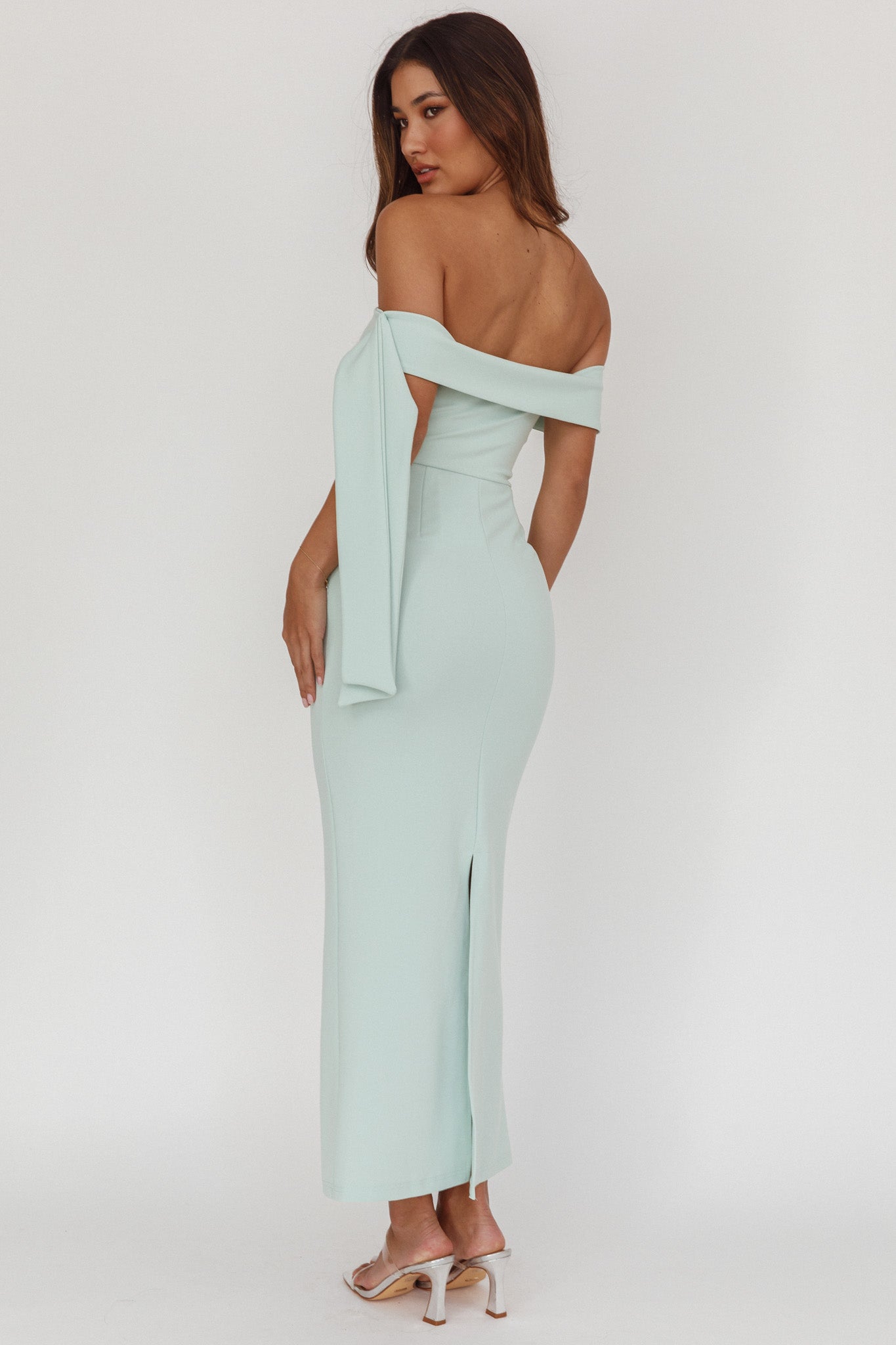 grey dress summer Aurora Sky Off-Shoulder Tie Maxi Dress Sage– Selfie Leslie