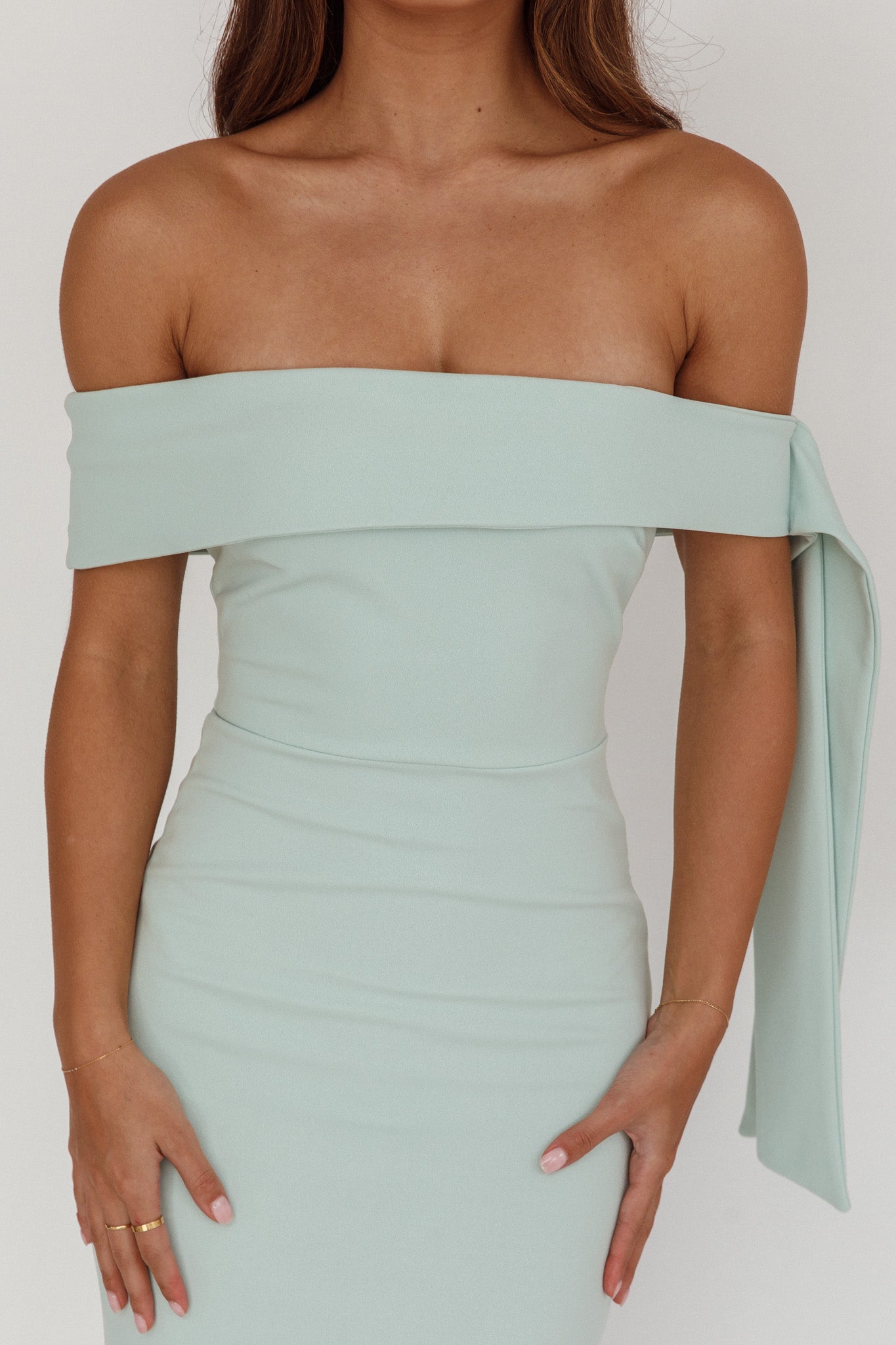 Aurora Sky Off-Shoulder Tie Maxi Dress Sage by Selfie Leslie
