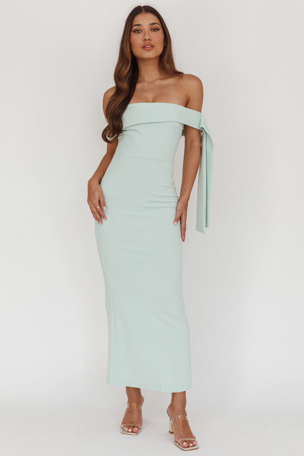 Aurora Sky Off-Shoulder Tie Maxi Dress Sage by Selfie Leslie