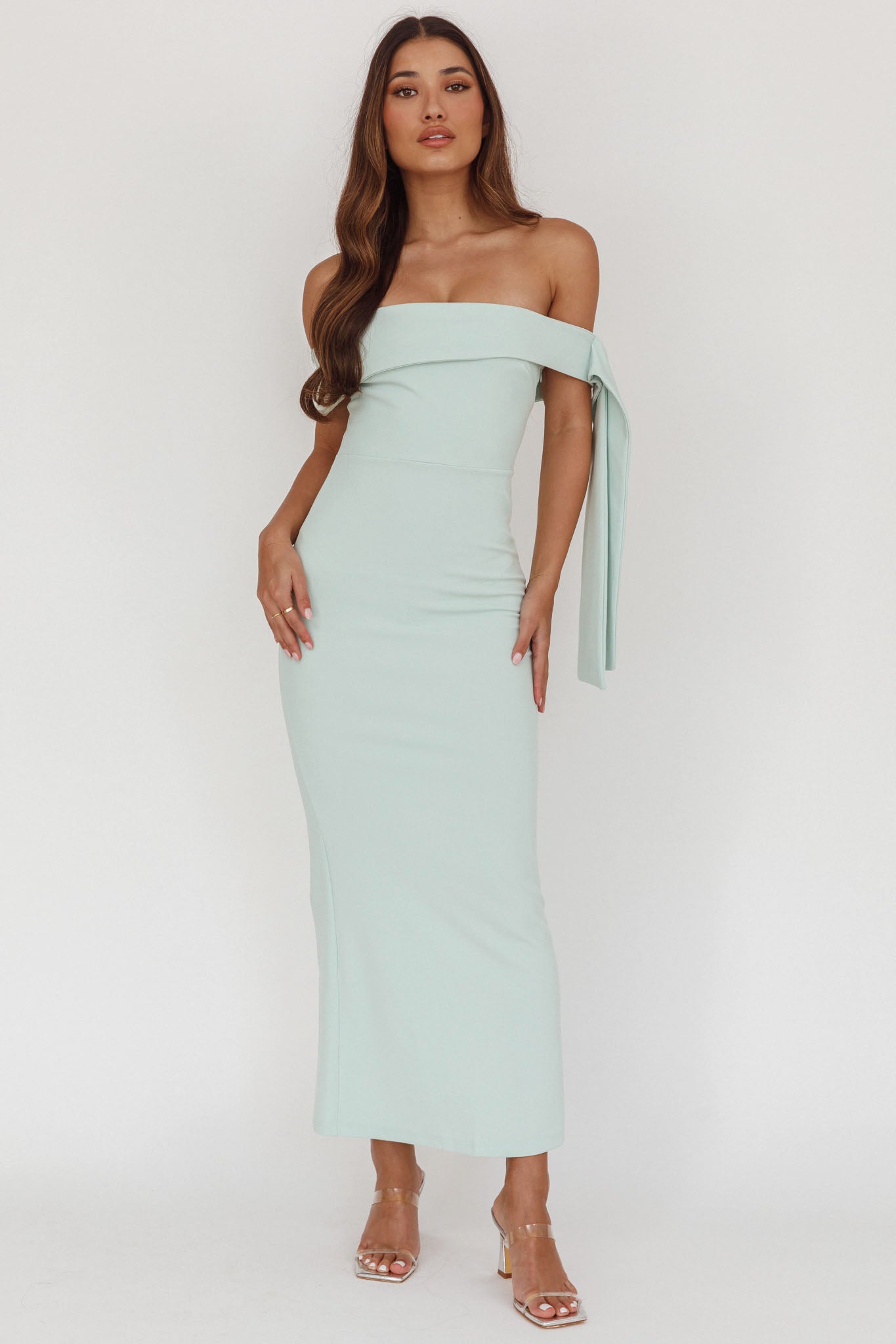 Aurora Sky Off-Shoulder Tie Maxi Dress Sage by Selfie Leslie