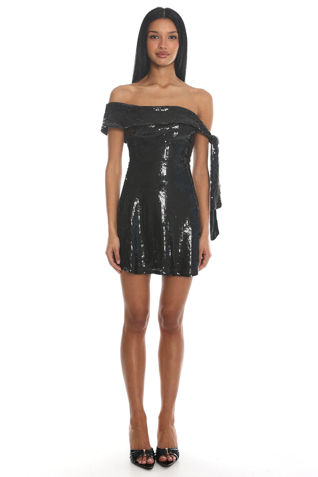 Aurora Sky Off-Shoulder Tie Mini Dress Sequin Black by Selfie Leslie