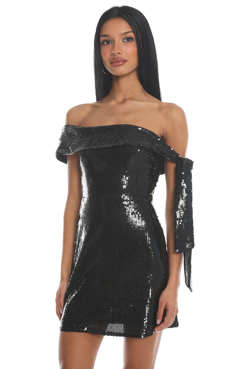 Aurora Sky Off-Shoulder Tie Mini Dress Sequin Black by Selfie Leslie
