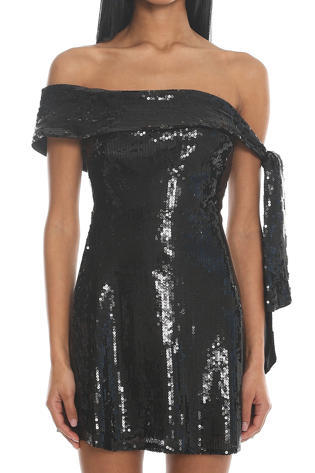 Aurora Sky Off-Shoulder Tie Mini Dress Sequin Black by Selfie Leslie