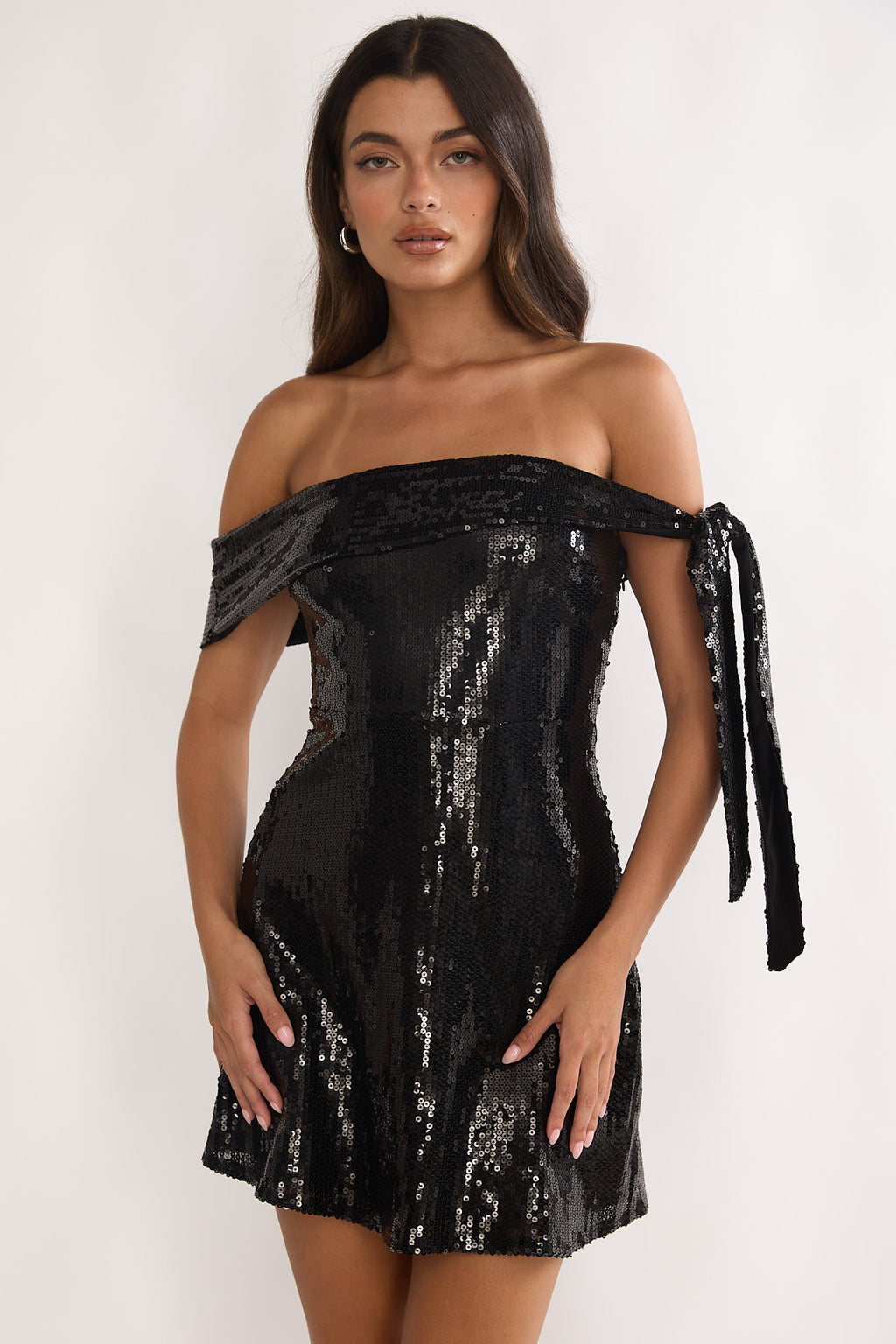 Aurora Sky Off-Shoulder Tie Mini Dress Sequin Black by Selfie Leslie