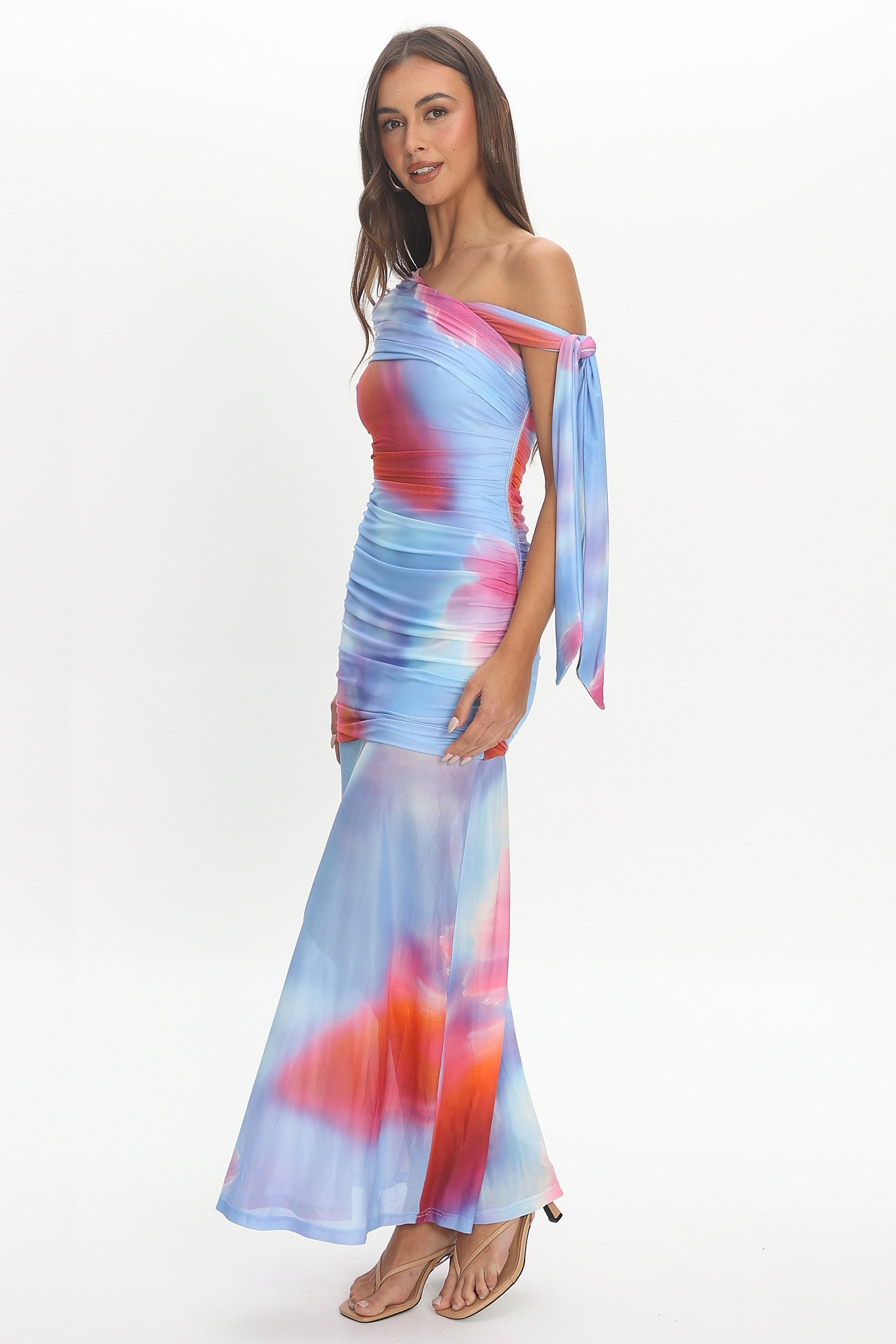 Aurora Sky Off-Shoulder Tie Maxi Dress Blue XS