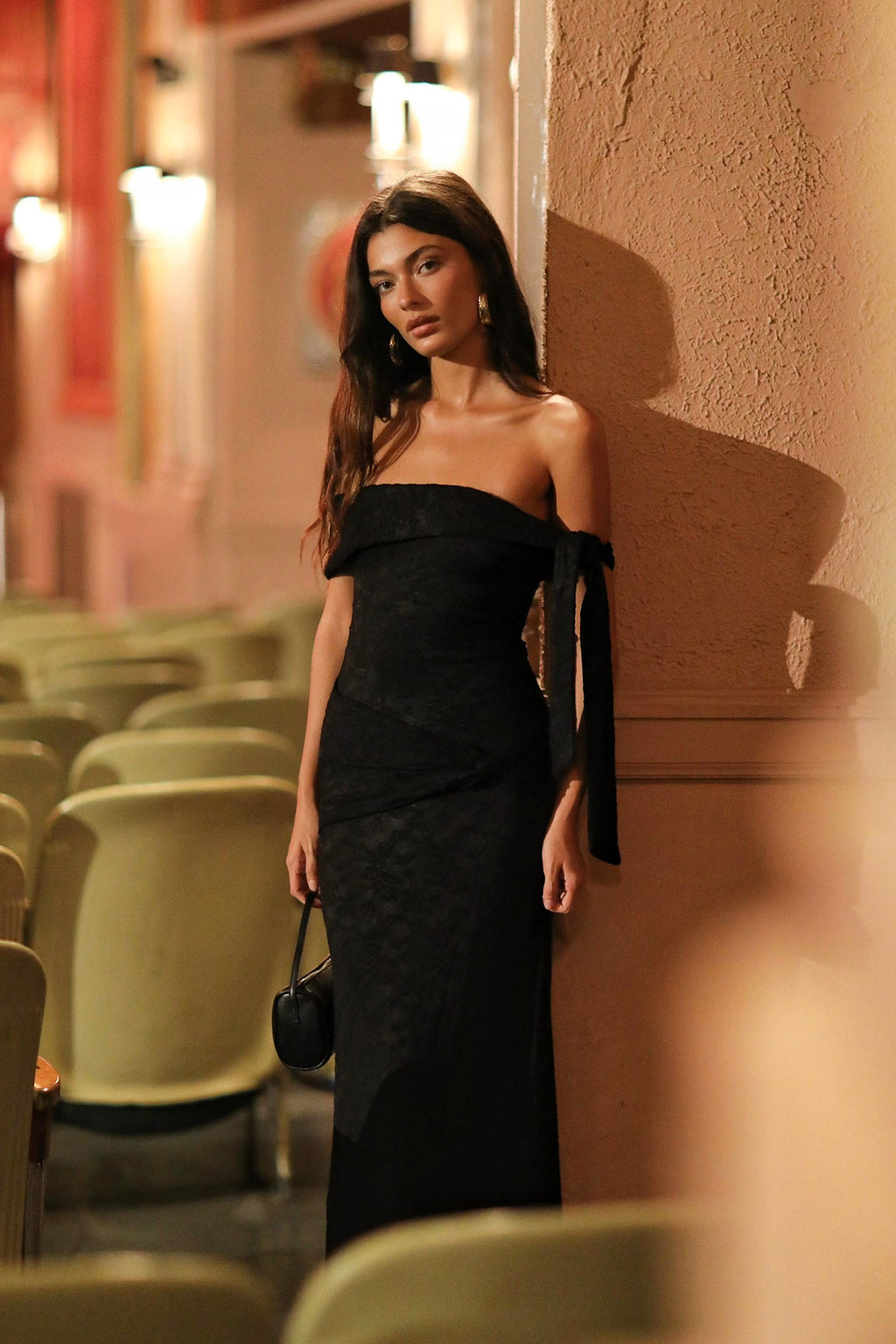 Aurora Sky Off-Shoulder Tie Maxi Dress Lace Black by Selfie Leslie