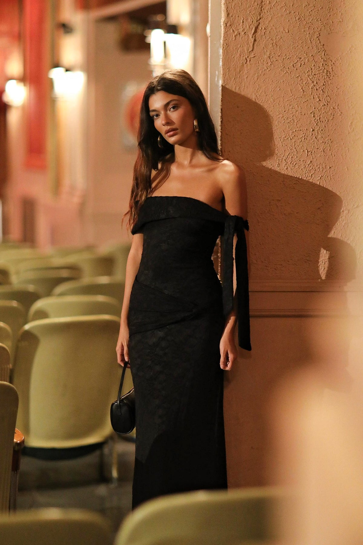 Aurora Sky Off-Shoulder Tie Maxi Dress Lace Black by Selfie Leslie