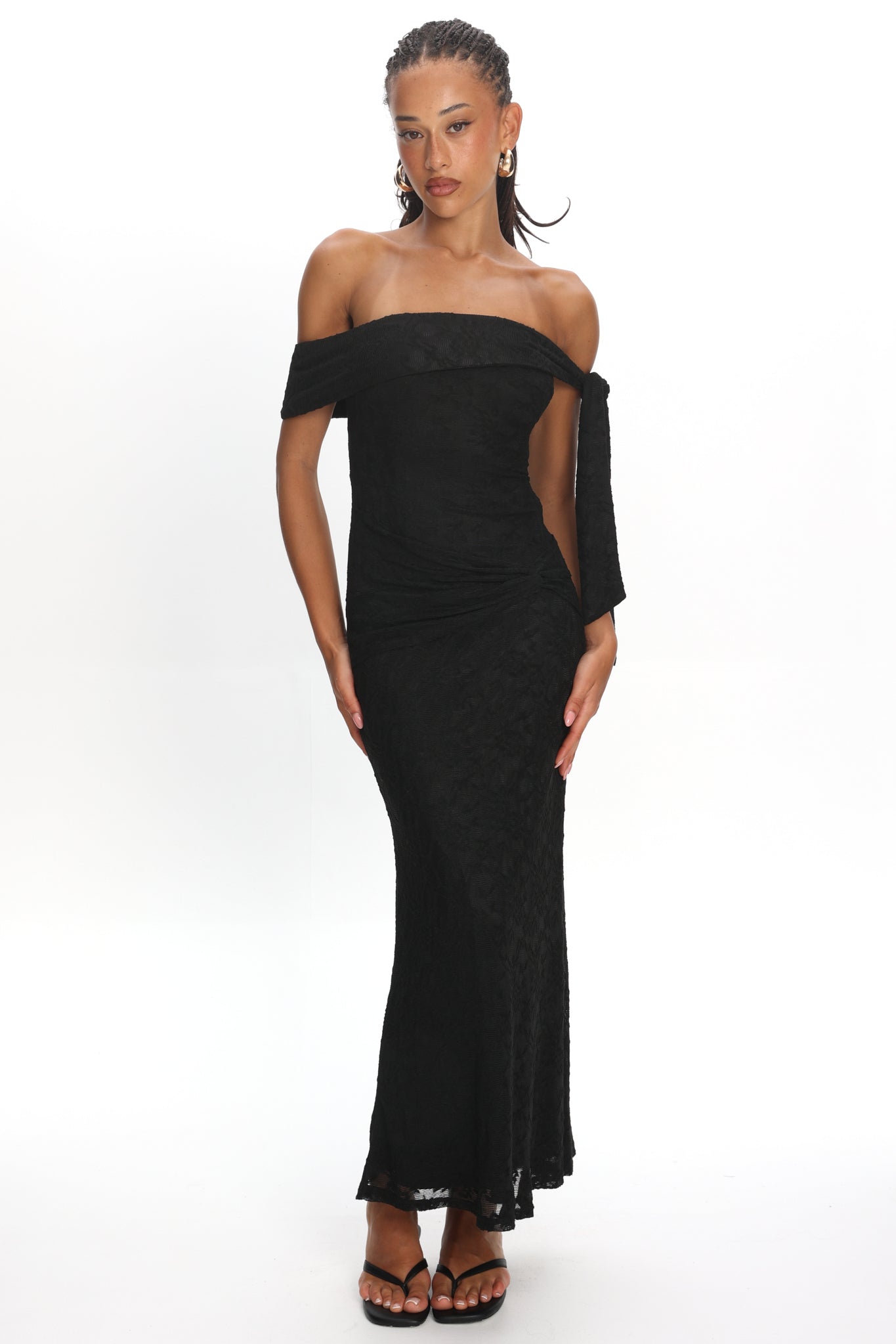 black lace off the shoulder dress Aurora Sky Off-Shoulder Tie Maxi Dress Lace Black S