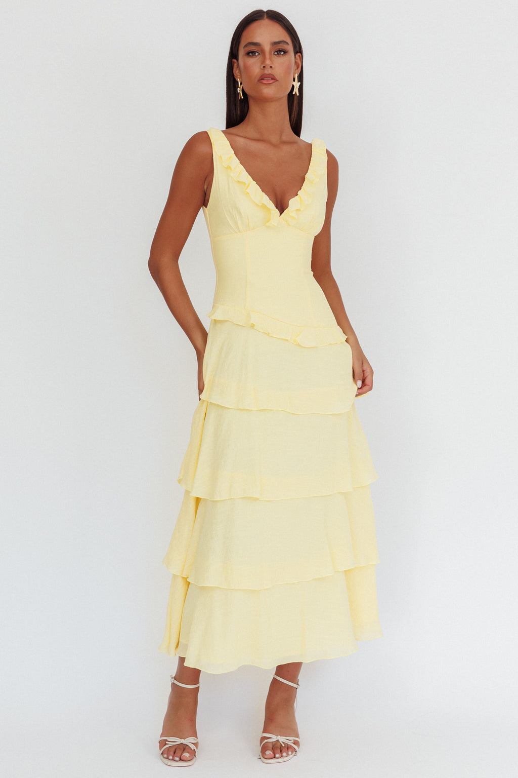 Khlara V-Neck Frill Trim Maxi Dress Butter by Selfie Leslie