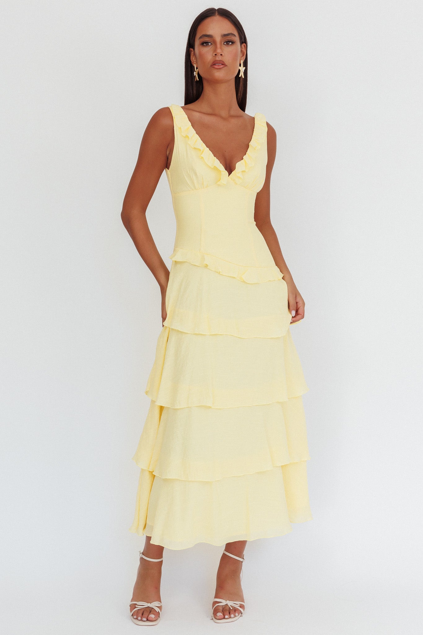 Khlara V-Neck Frill Trim Maxi Dress Butter by Selfie Leslie