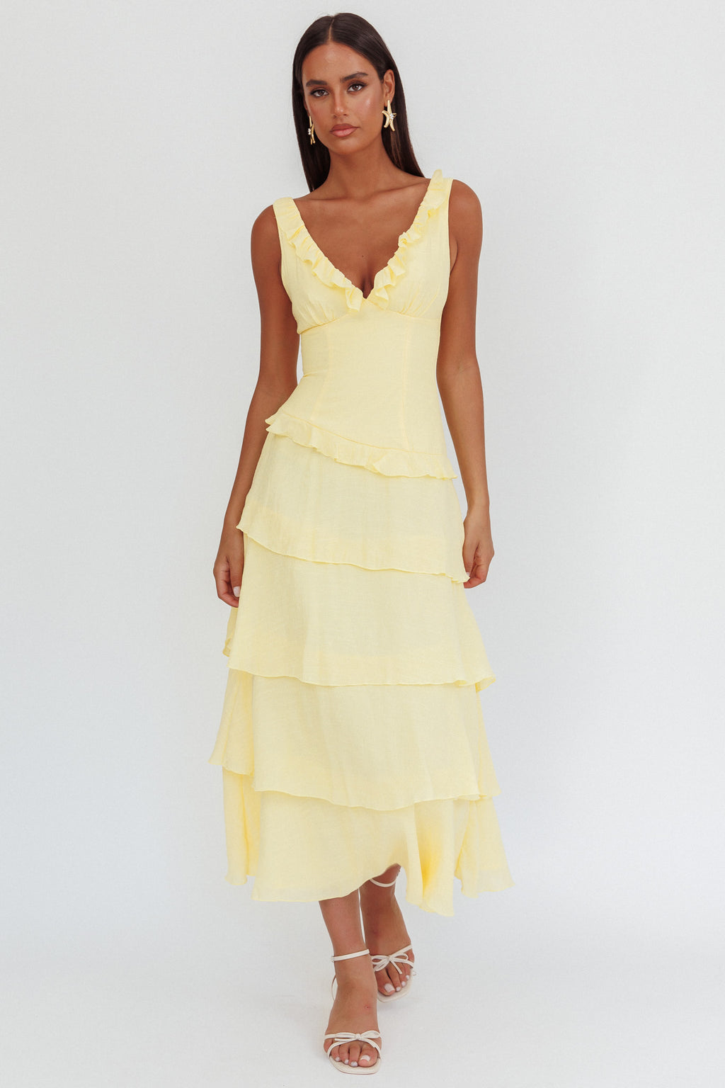 Khlara V-Neck Frill Trim Maxi Dress Butter by Selfie Leslie