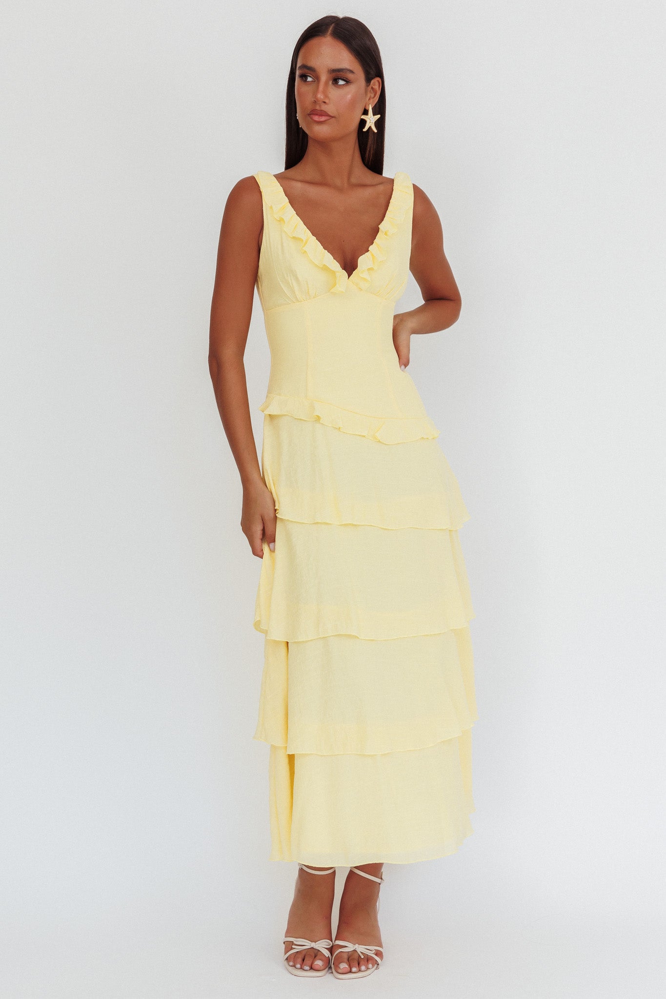 Khlara V-Neck Frill Trim Maxi Dress Butter by Selfie Leslie