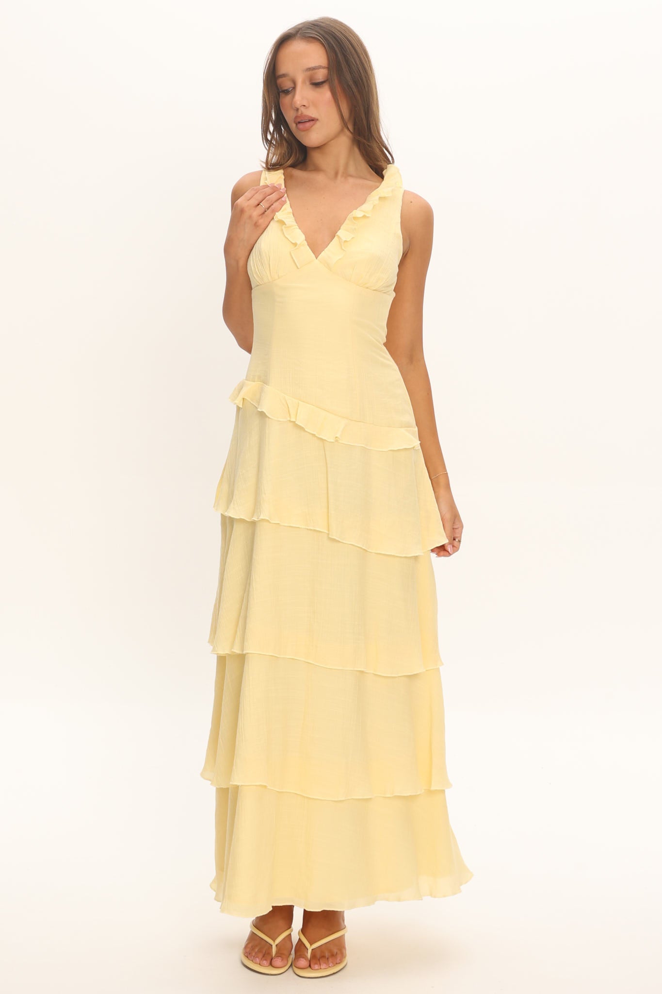 Khlara V-Neck Frill Trim Maxi Dress Butter - L