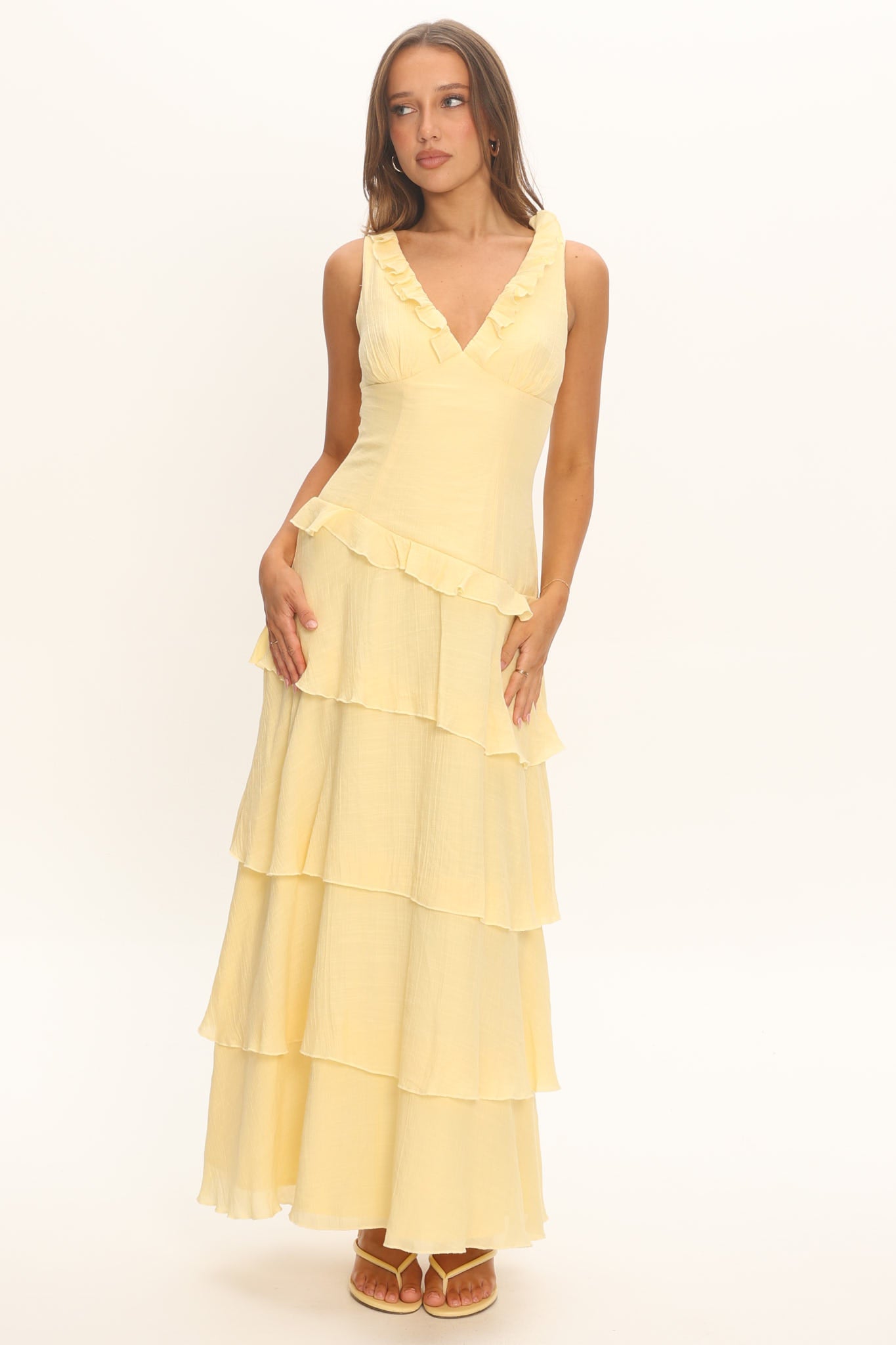 Khlara V-Neck Frill Trim Maxi Dress Butter | Selfie Leslie