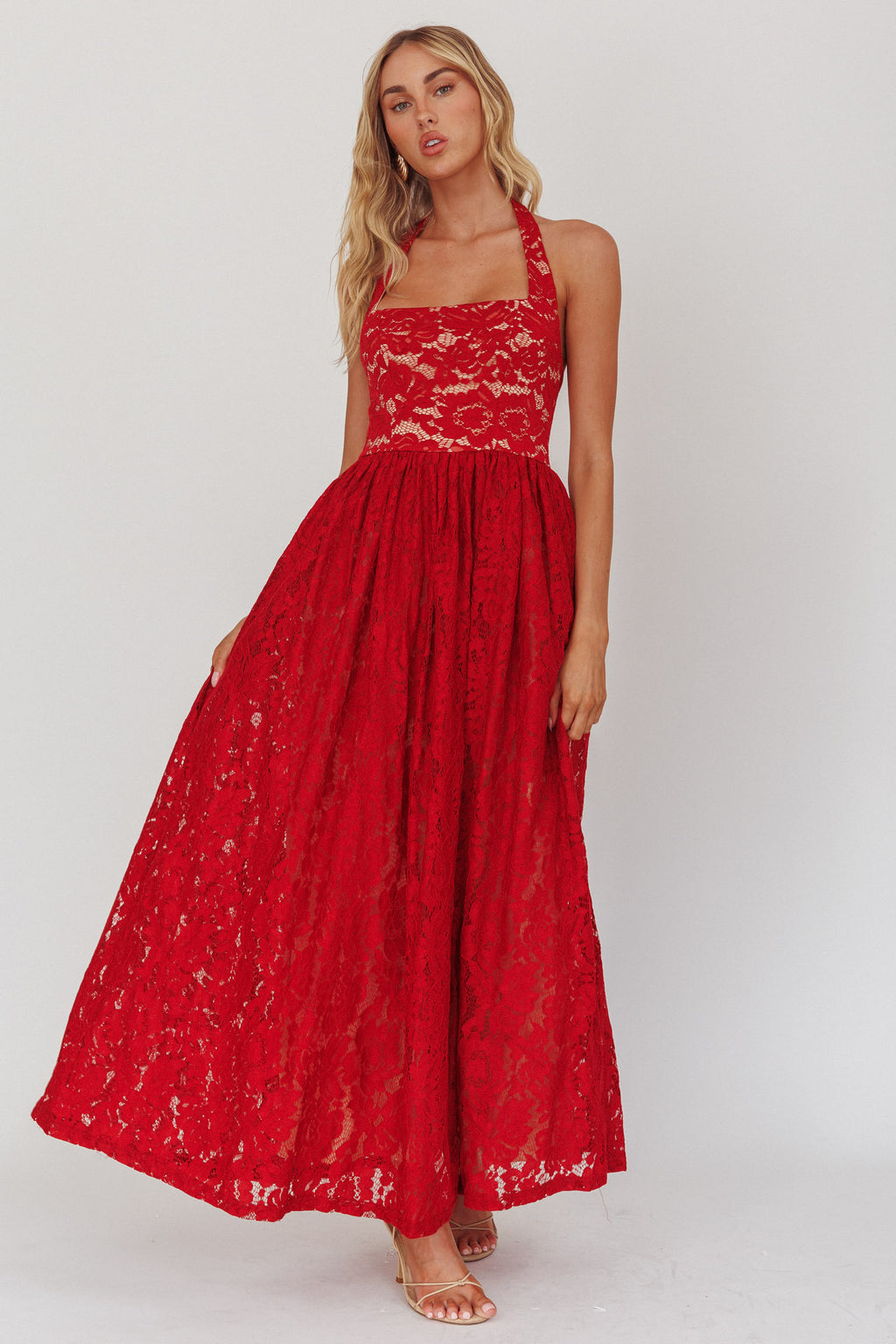 Hendrix Halterneck A-Line Lace Maxi Dress Cherry by Selfie Leslie