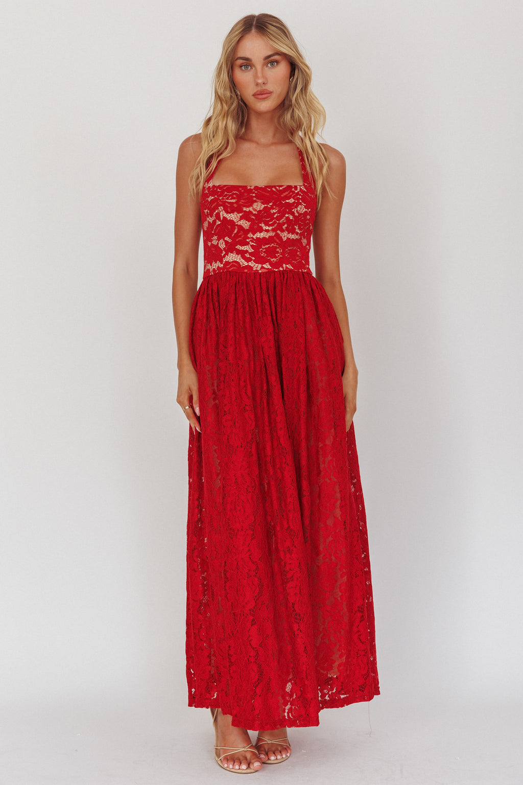 Hendrix Halterneck A-Line Lace Maxi Dress Cherry by Selfie Leslie