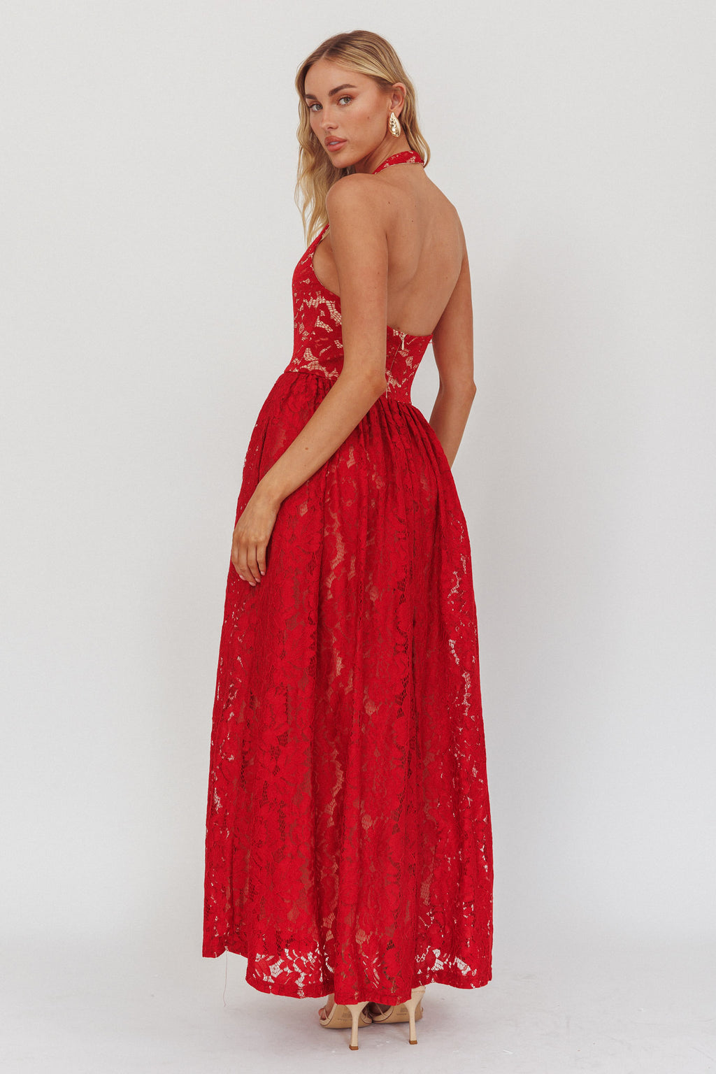 Hendrix Halterneck A-Line Lace Maxi Dress Cherry by Selfie Leslie