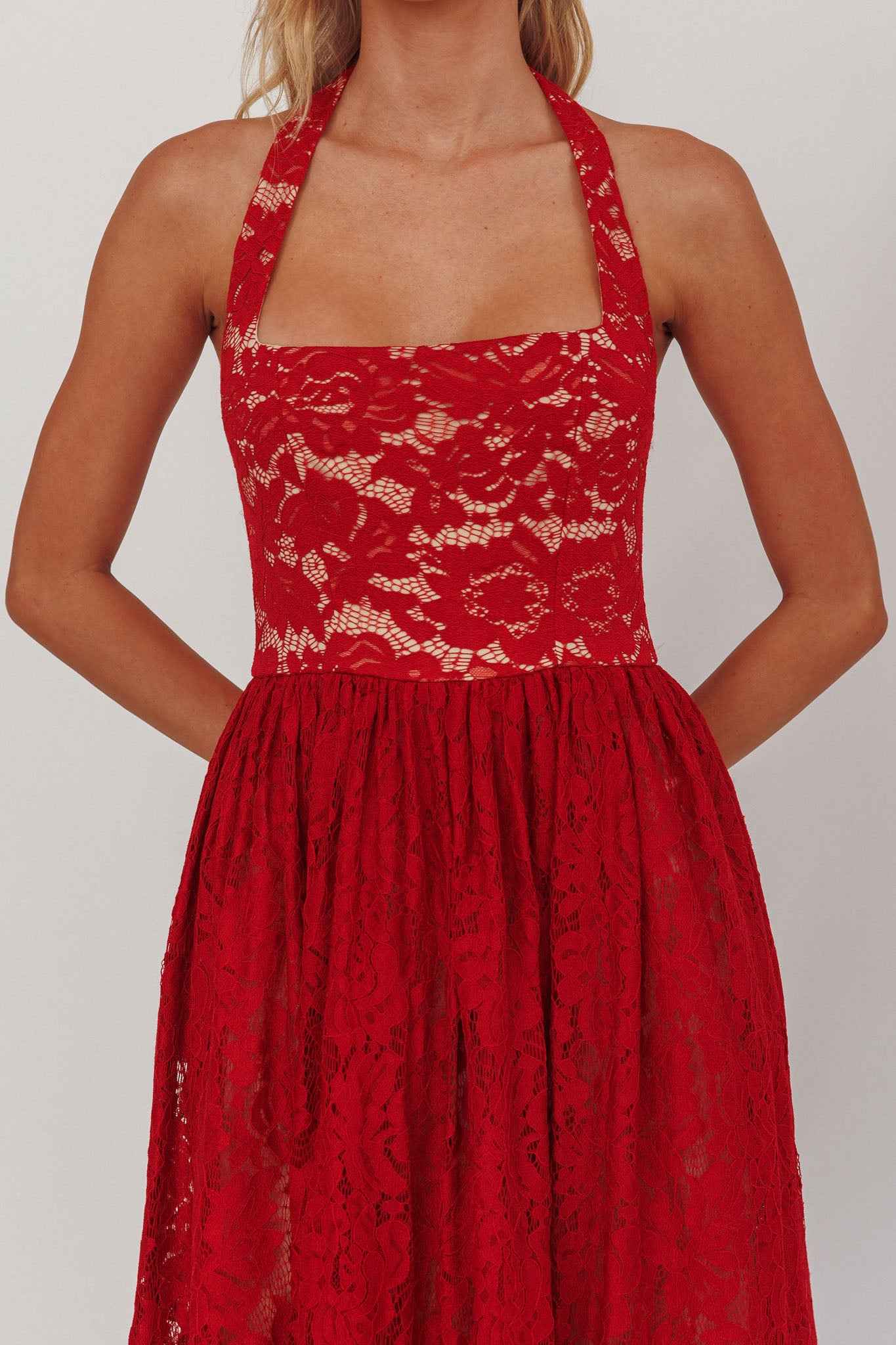 Hendrix Halterneck A-Line Lace Maxi Dress Cherry by Selfie Leslie
