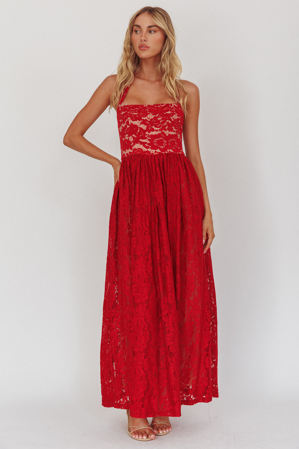 Hendrix Halterneck A-Line Lace Maxi Dress Cherry by Selfie Leslie