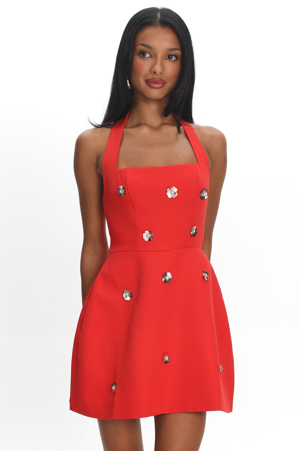 Hendrix Halterneck A-Line Mini Dress Sequin Flower Red