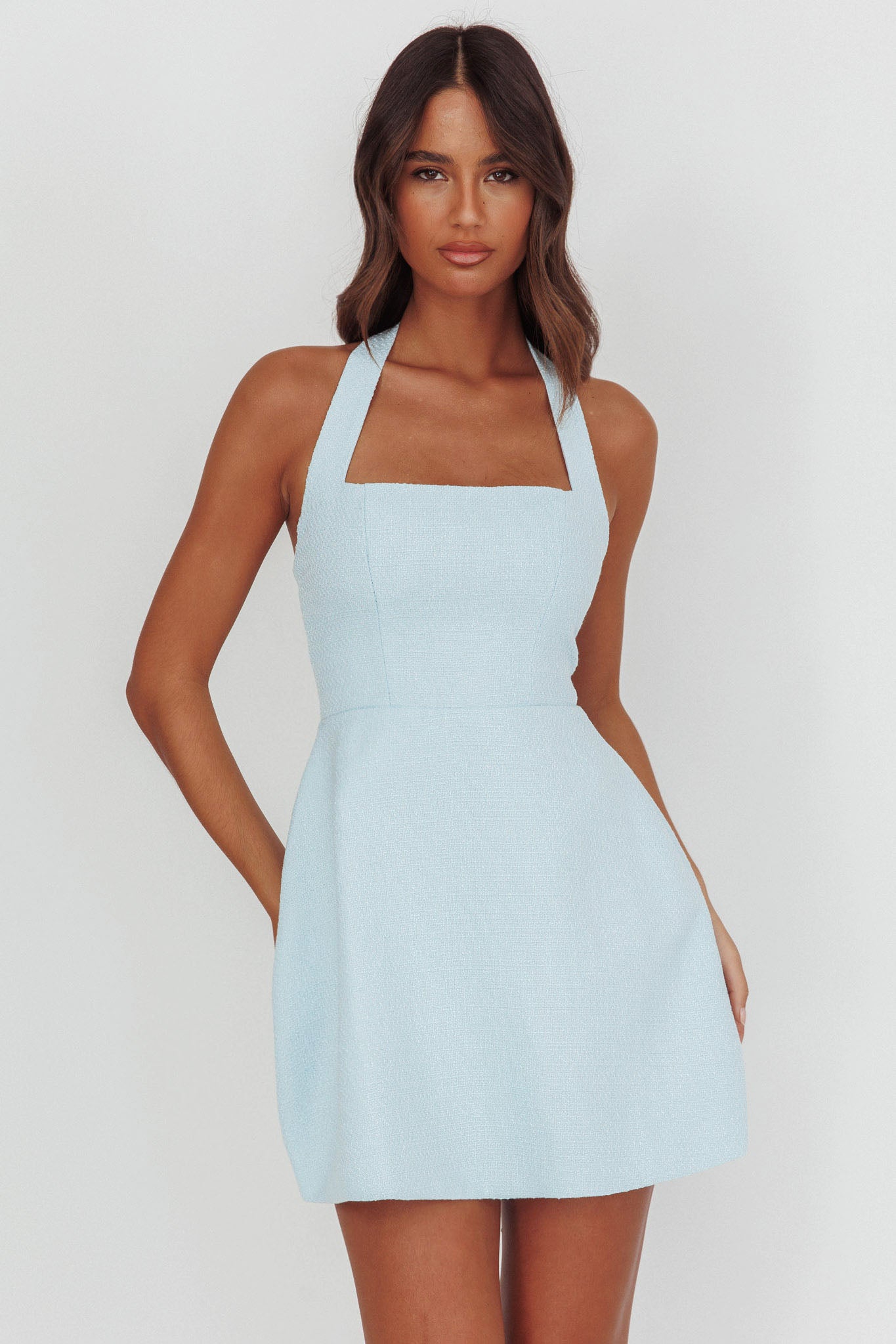 Hendrix Halterneck A-Line Mini Dress Blue by Selfie Leslie