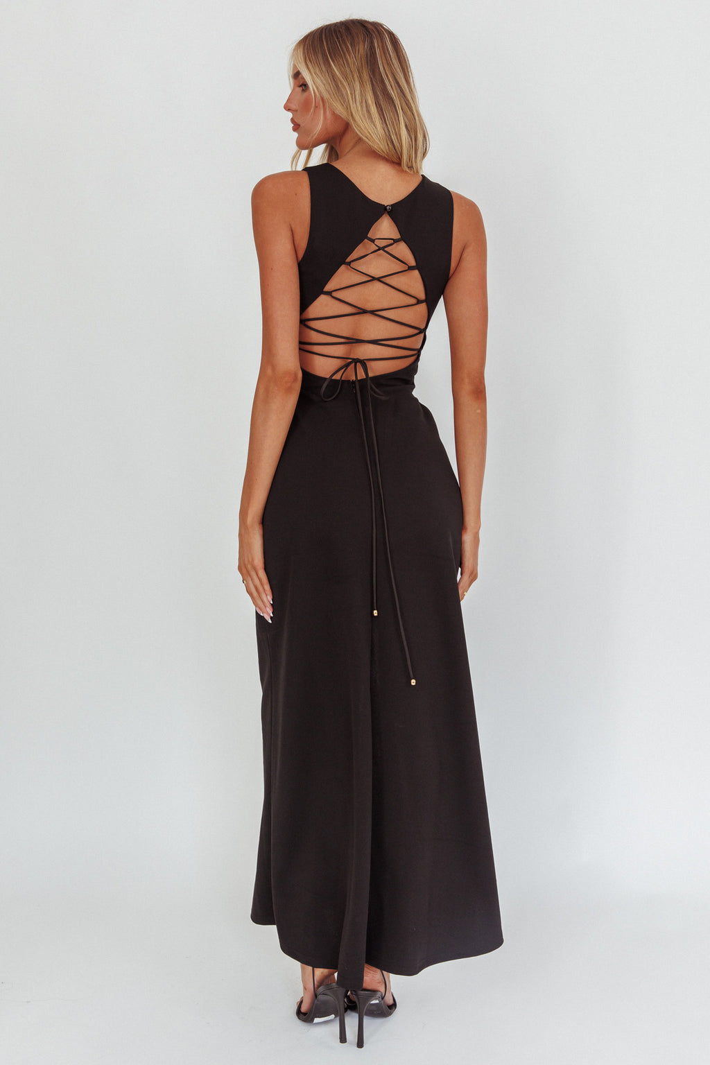 Firelights Lace-Up Back Maxi Dress Black by Selfie Leslie