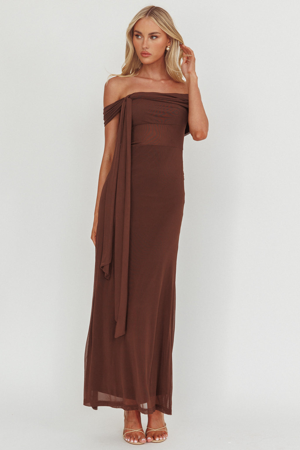 Silver Moon Tied Off-Shoulder Maxi Dress Chocolate by Selfie Leslie