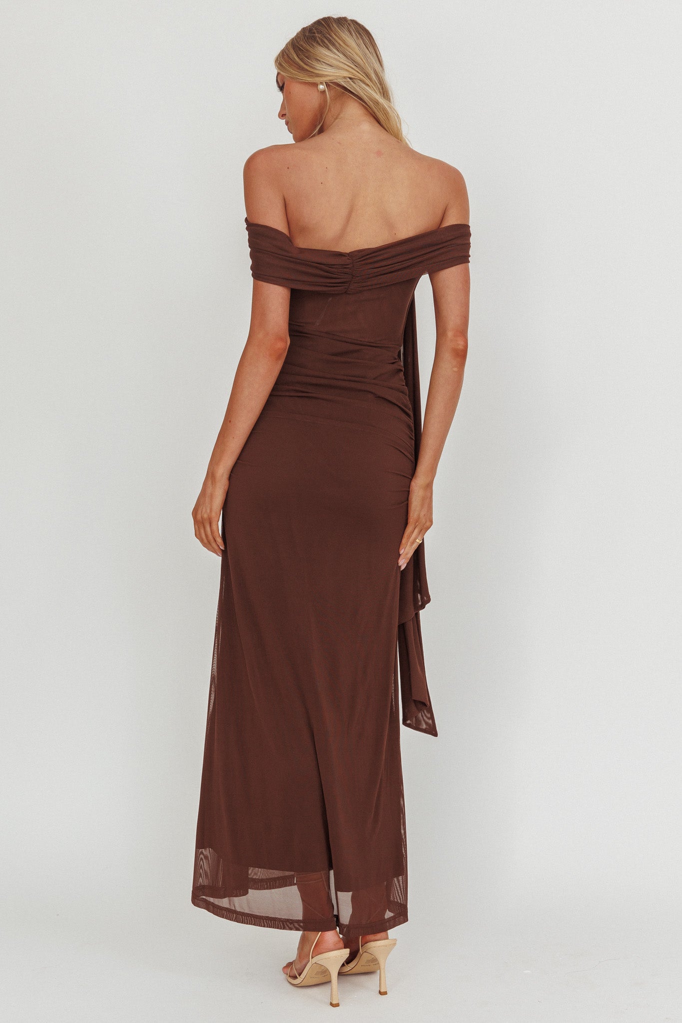 Silver Moon Tied Off-Shoulder Maxi Dress Chocolate by Selfie Leslie