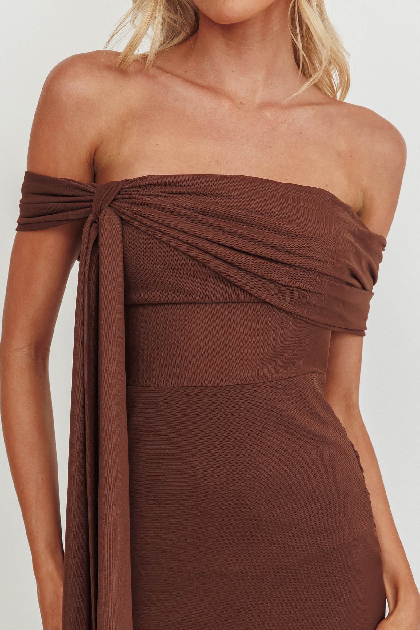 Silver Moon Tied Off-Shoulder Maxi Dress Chocolate by Selfie Leslie