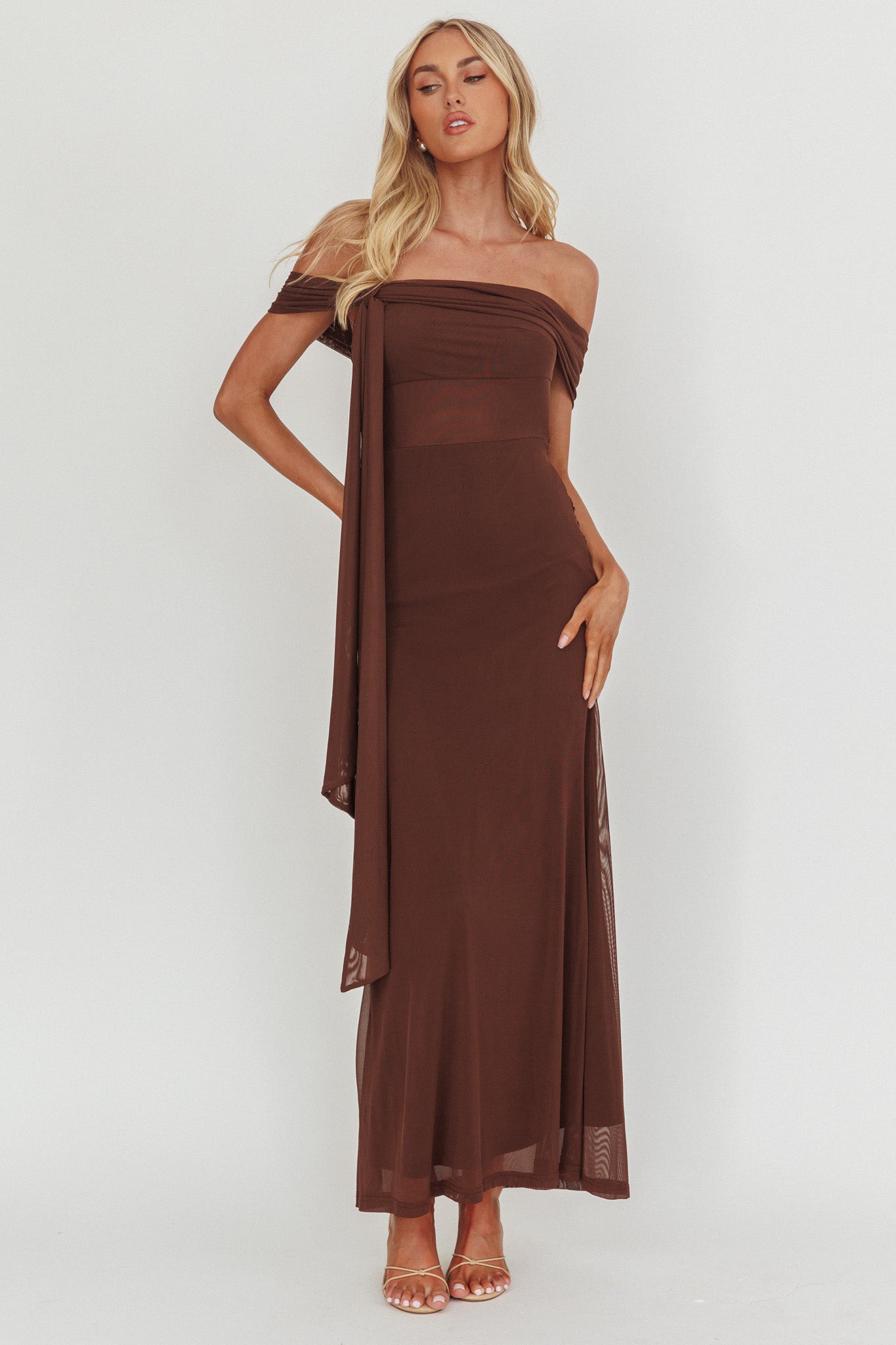Silver Moon Tied Off-Shoulder Maxi Dress Chocolate by Selfie Leslie