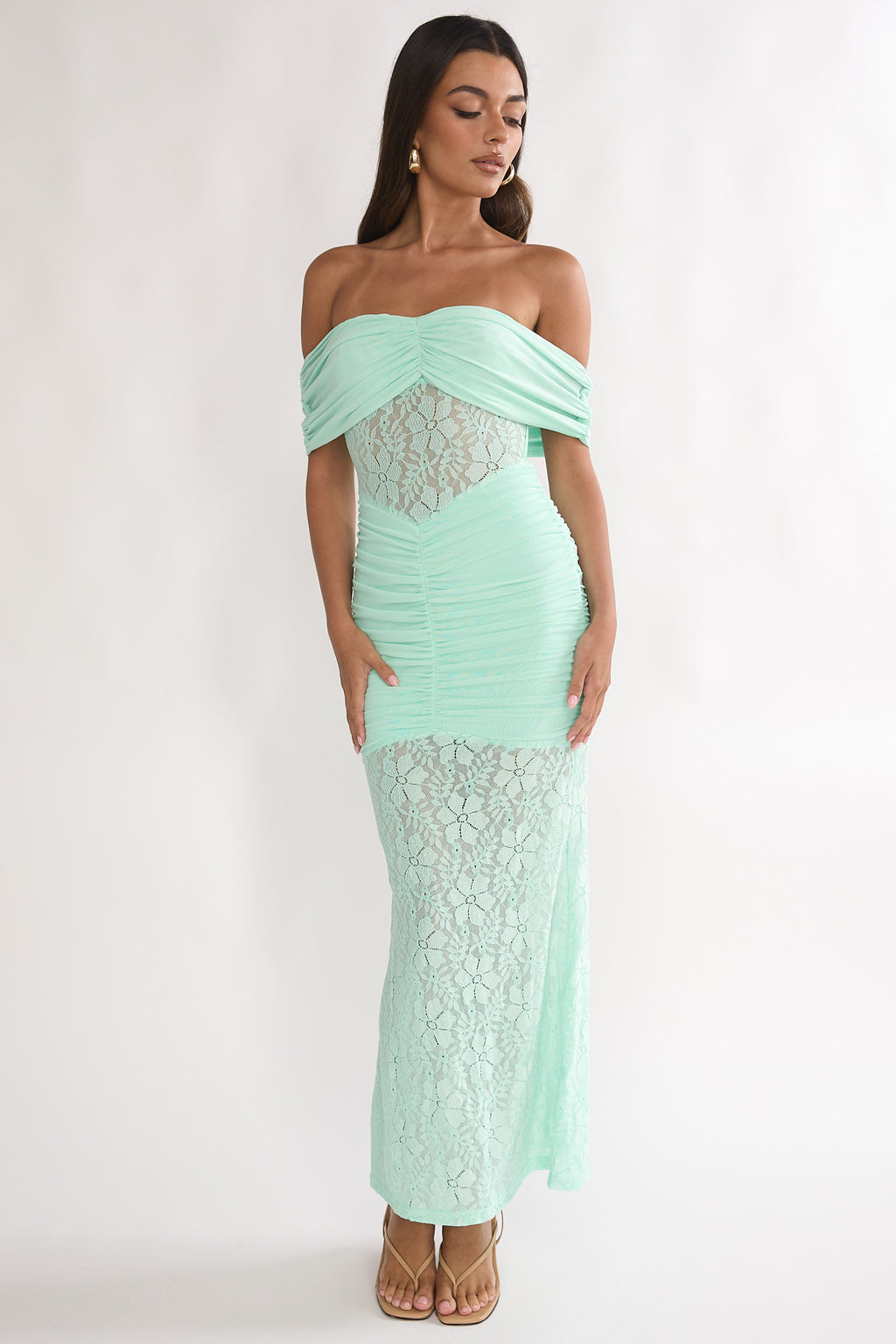 Silver Moon Off-Shoulder Maxi Dress Floral Mint by Selfie Leslie