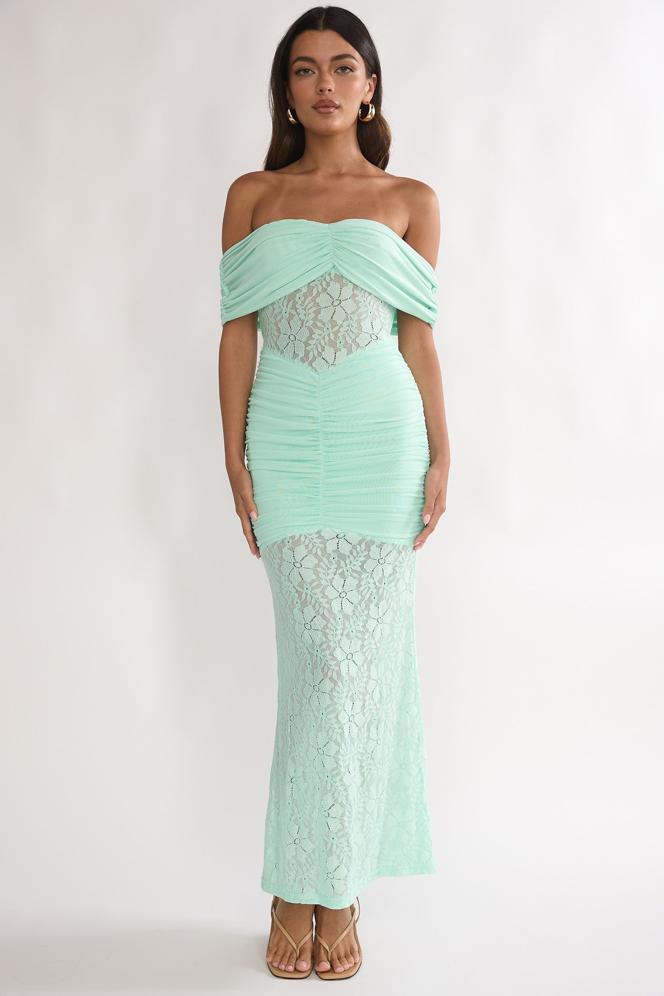 Silver Moon Off-Shoulder Maxi Dress Floral Mint by Selfie Leslie
