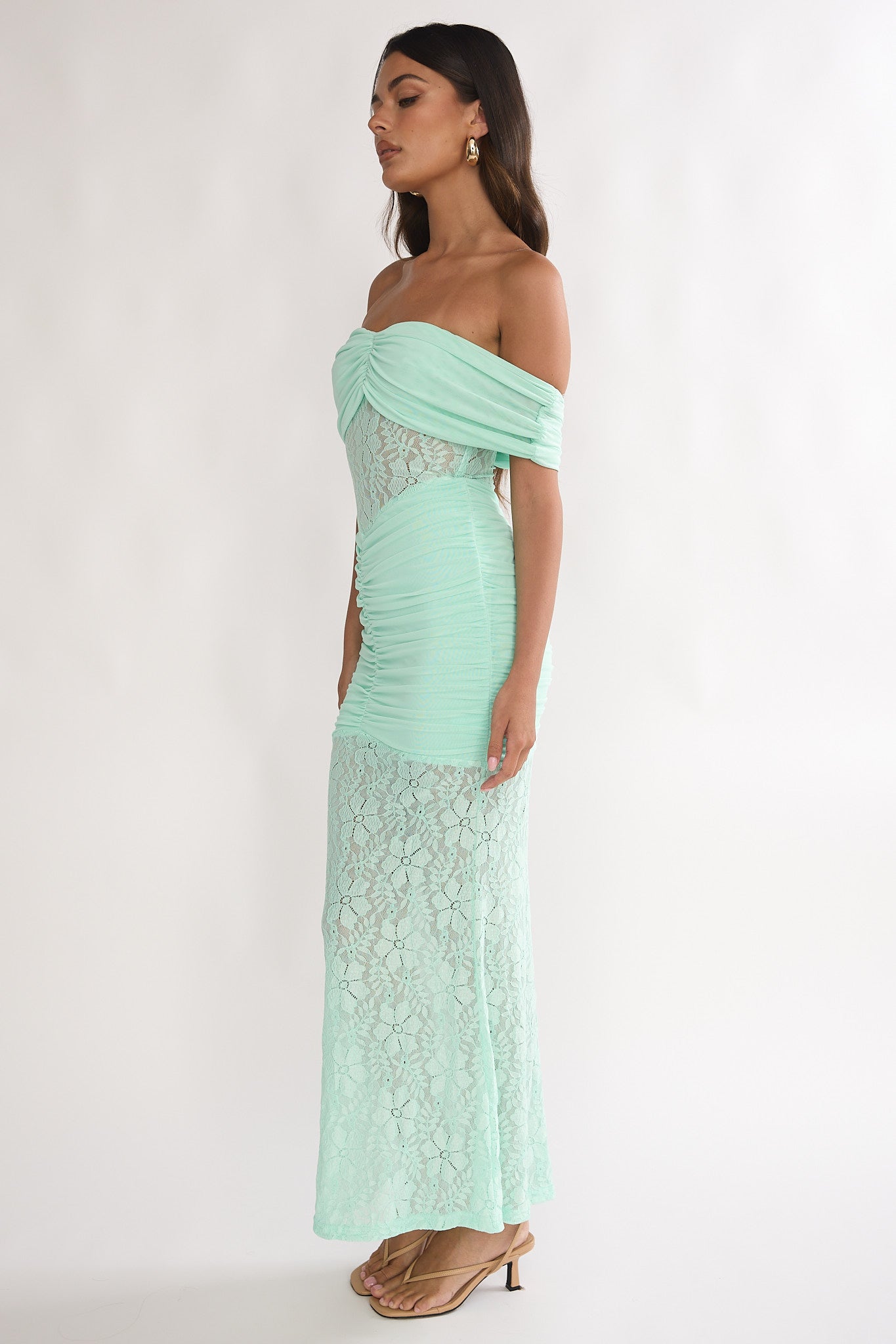 Silver Moon Off-Shoulder Maxi Dress Floral Mint by Selfie Leslie