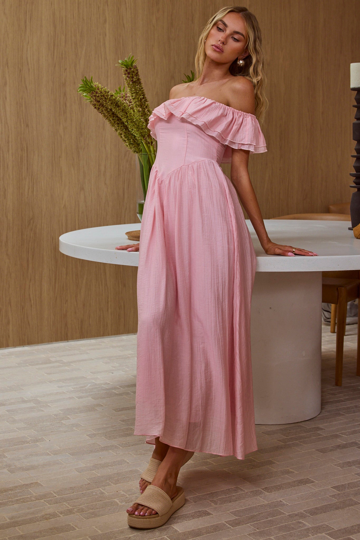 pink off the shoulder midi dress English Factory Off-Shoulder Midi Dress