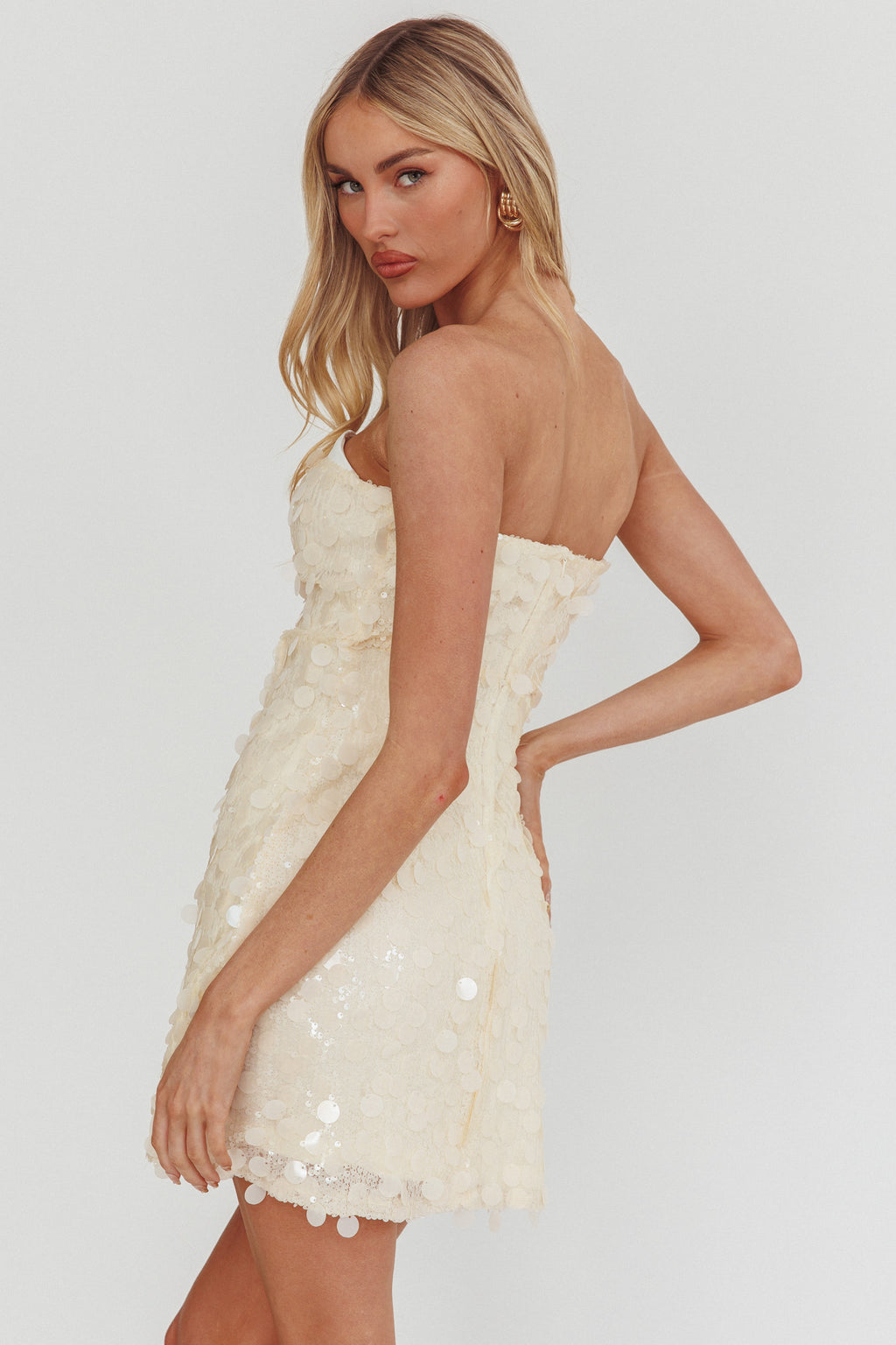 Hillara Strapless Mini Dress Sequin Cream by Selfie Leslie