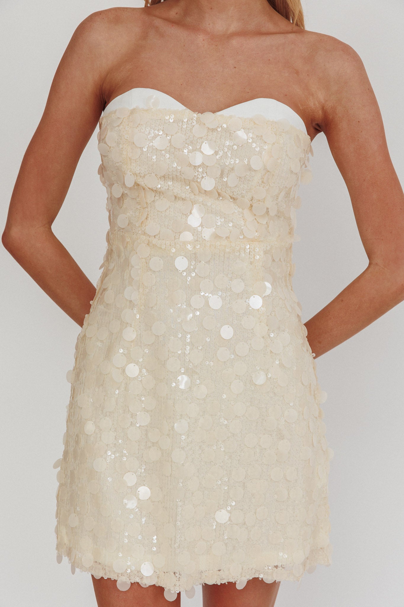 Hillara Strapless Mini Dress Sequin Cream by Selfie Leslie