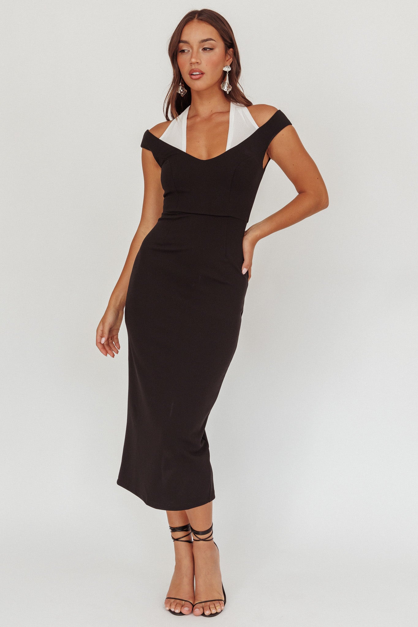 Tyla Contrast Mesh Halter Midi Dress Black | Selfie Leslie Tyla Contrast Mesh Halter Midi Dress Black | Selfie Leslie