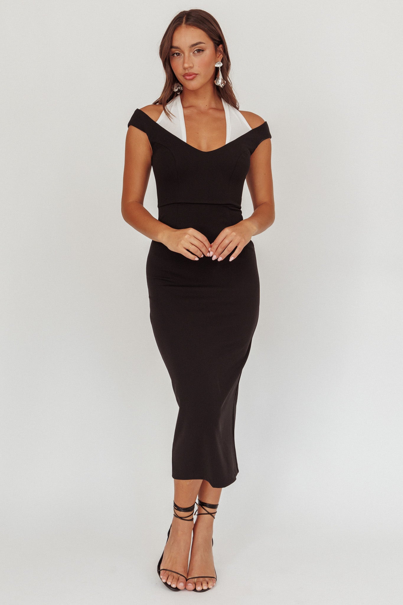 Tyla Contrast Mesh Halter Midi Dress Black by Selfie Leslie