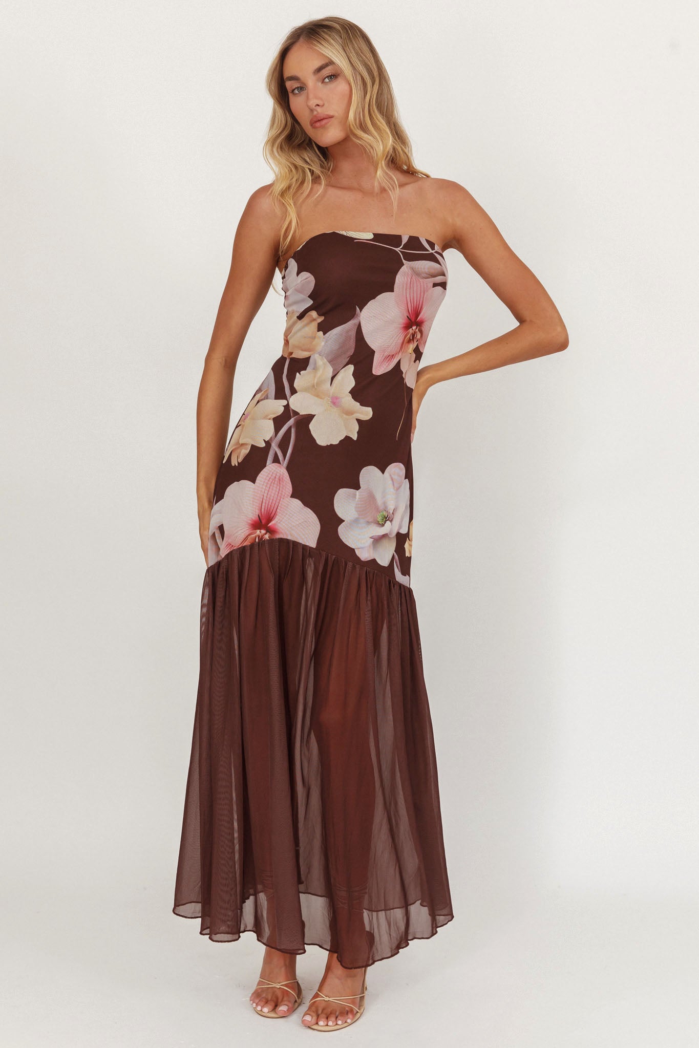 Shop the Wilma Sheer Hem Strapless Midi Dress Orchids Brown
