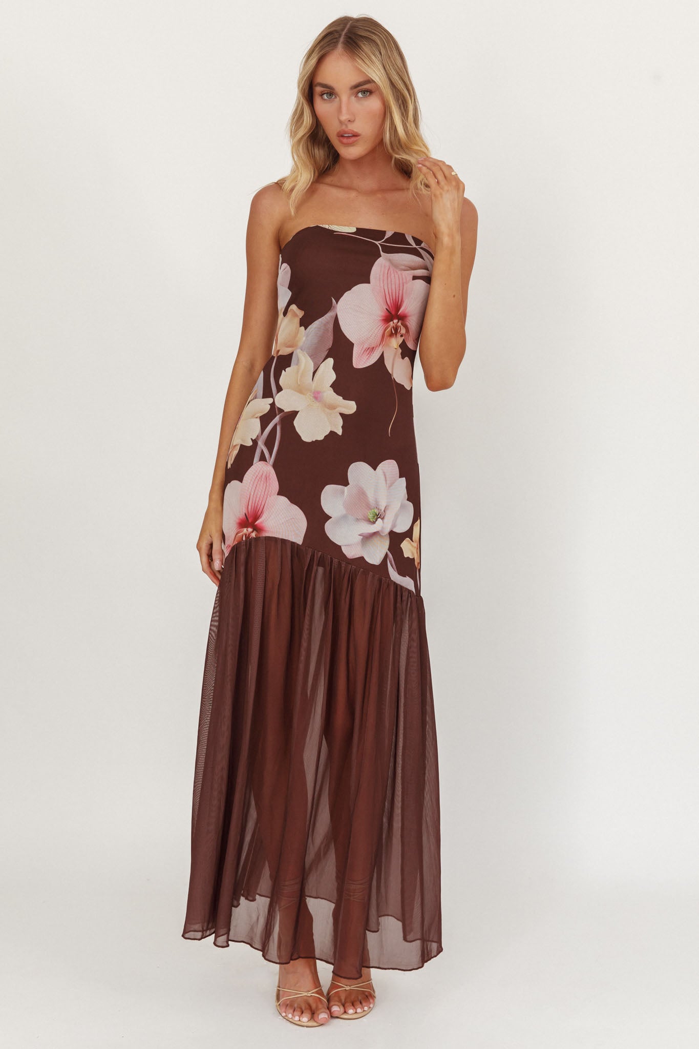 Wilma Sheer Hem Strapless Midi Dress Orchids Brown - XL Wilma Sheer Hem Strapless Midi Dress Orchids Brown - XL