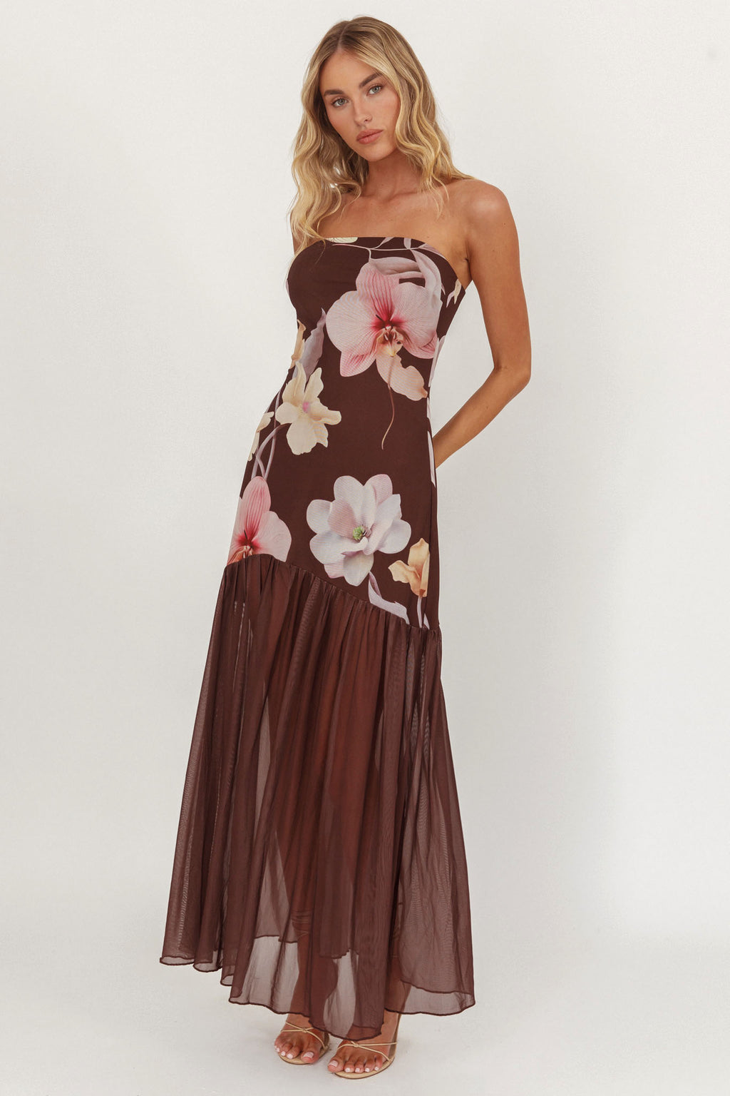 Wilma Sheer Hem Strapless Midi Dress Orchids Brown by Selfie Leslie