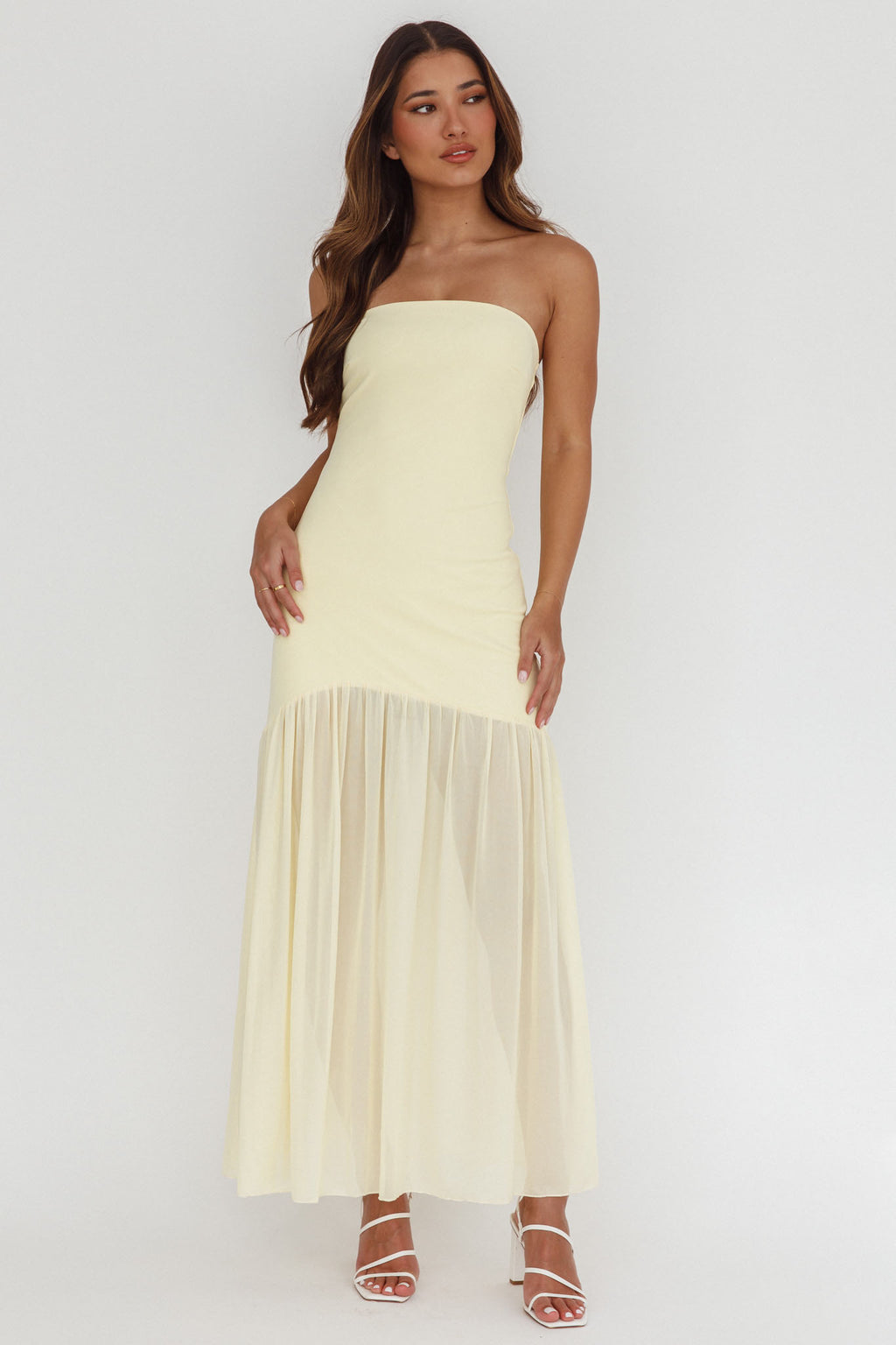 Wilma Sheer Hem Strapless Midi Dress Butter by Selfie Leslie