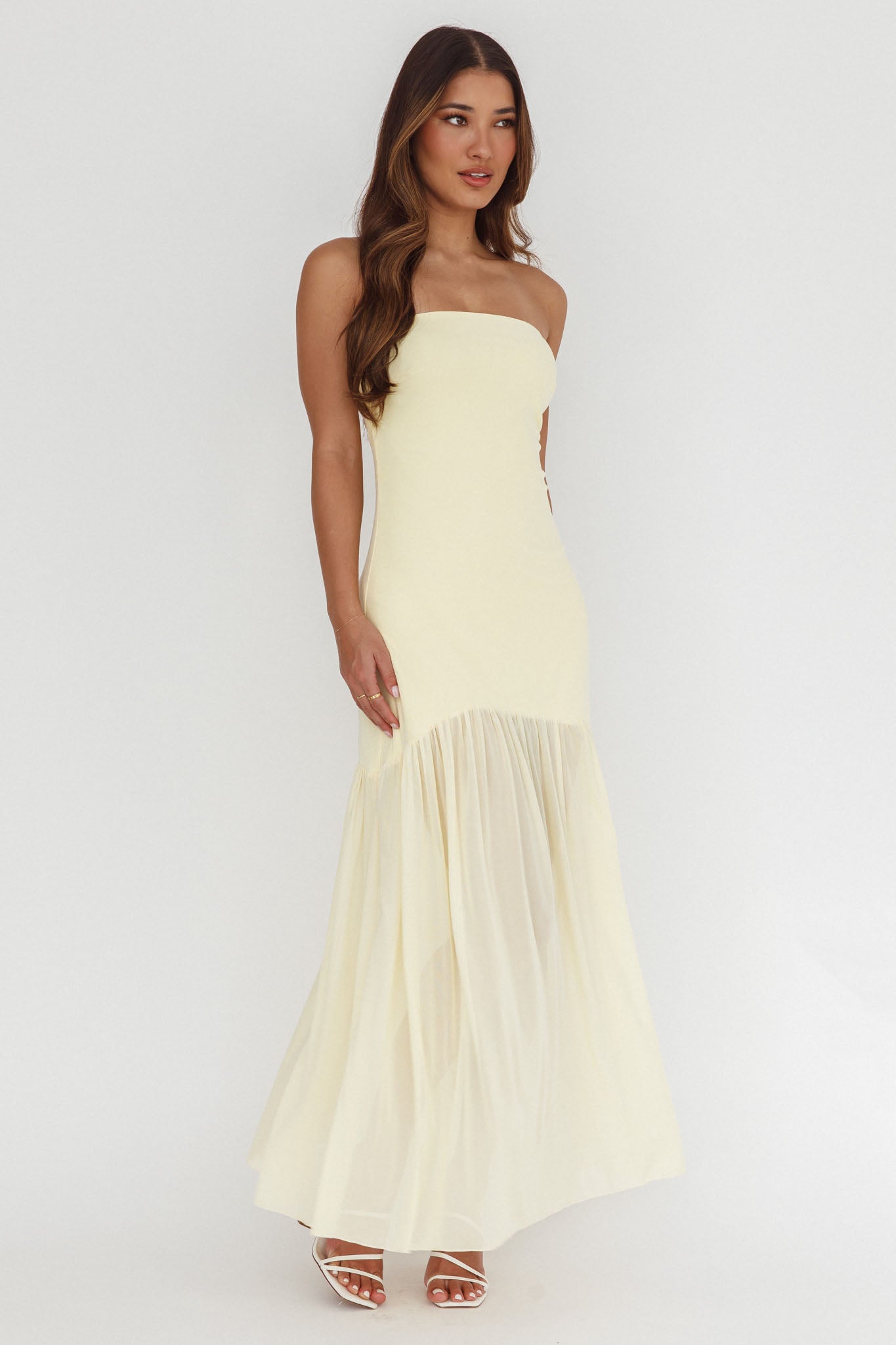 Wilma Sheer Hem Strapless Midi Dress Butter by Selfie Leslie