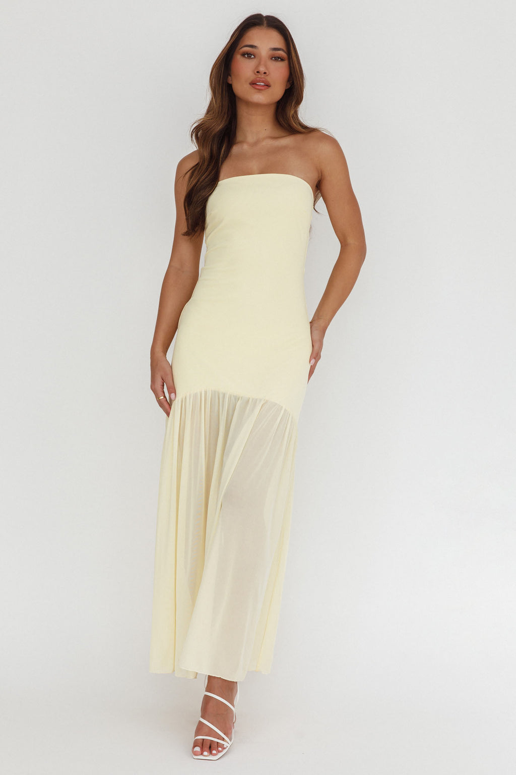 Wilma Sheer Hem Strapless Midi Dress Butter by Selfie Leslie