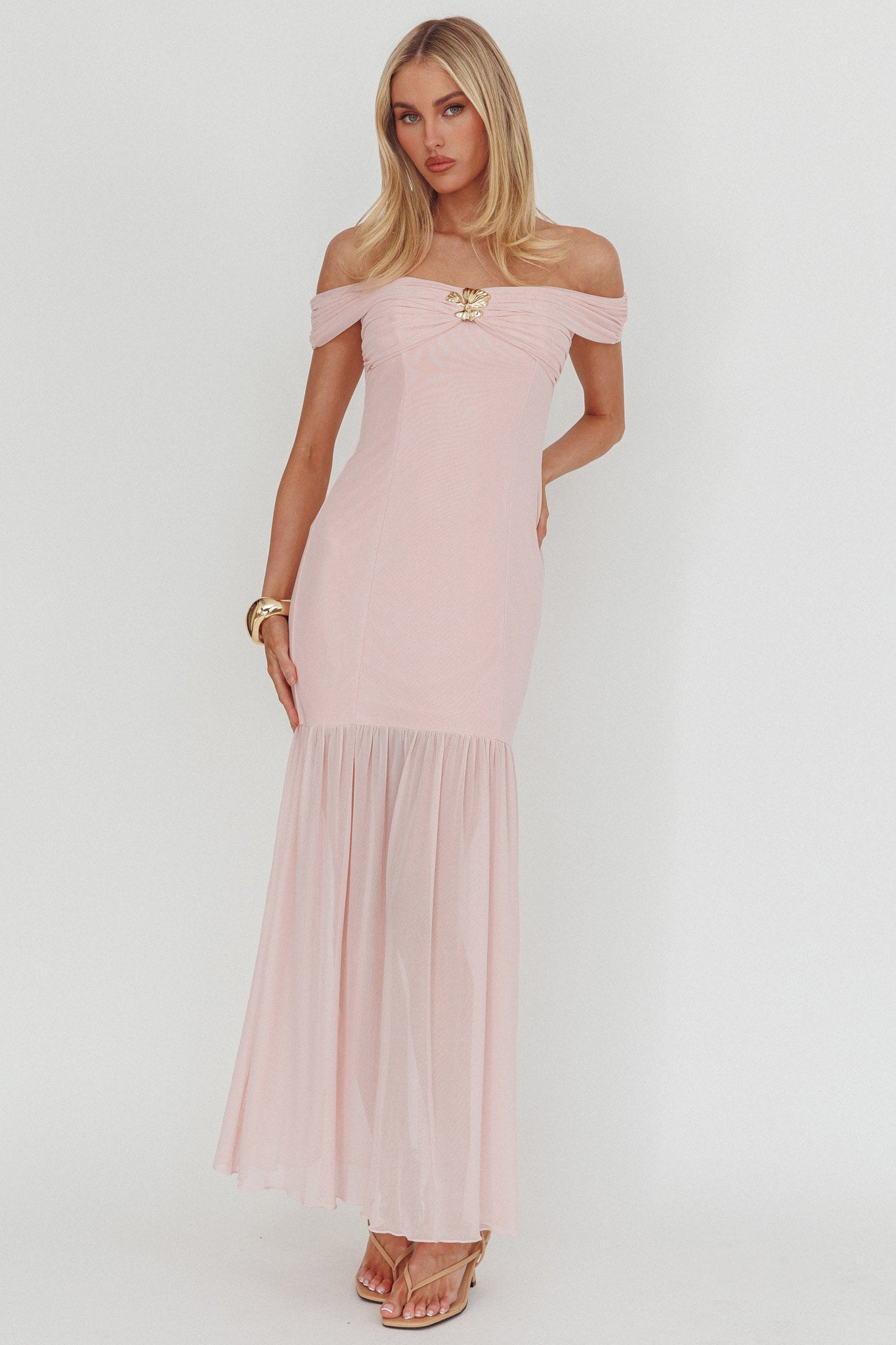 Wilma Off-Shoulder Sheer Hem Maxi Dress Pink | Selfie Leslie