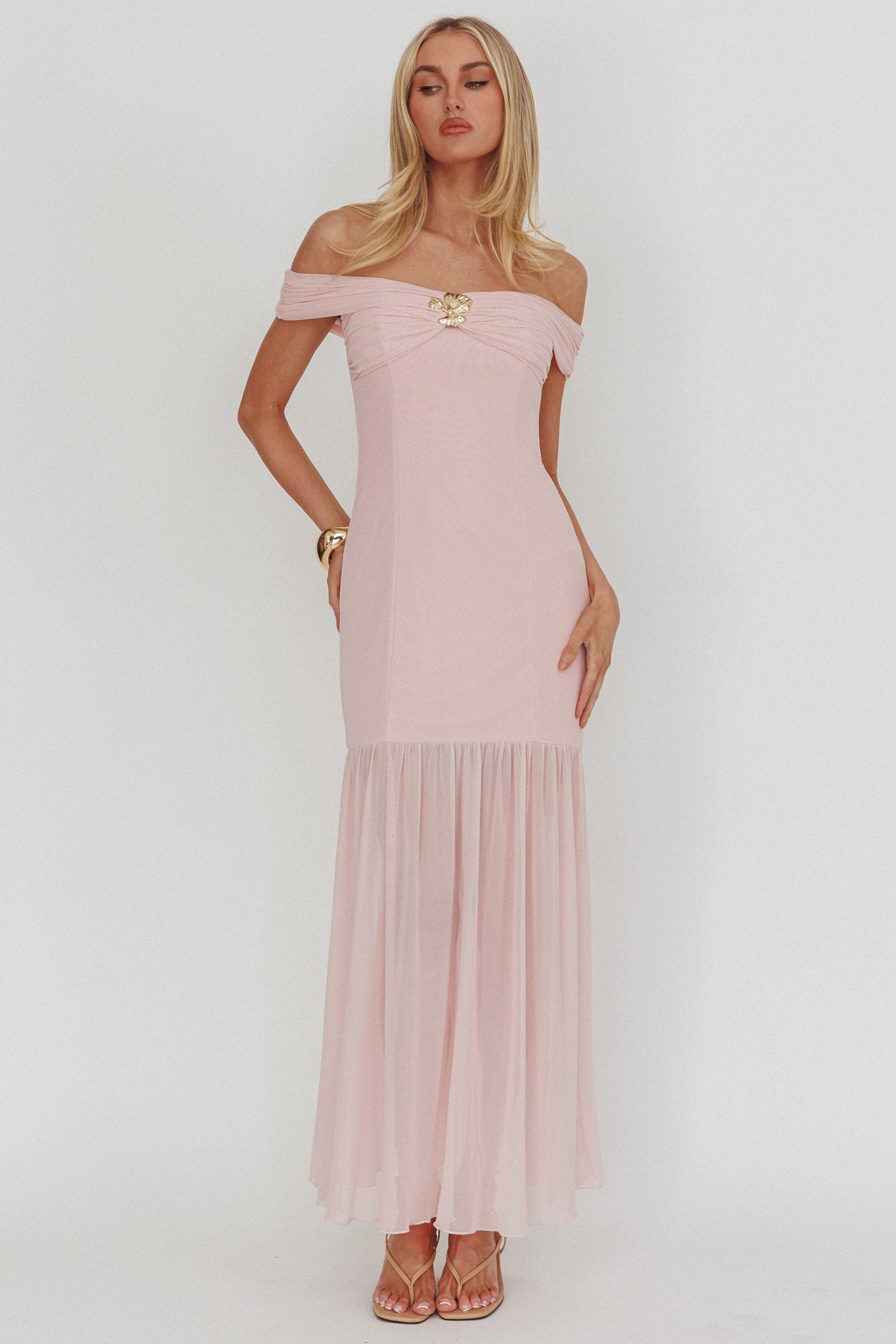 Wilma Off-Shoulder Sheer Hem Maxi Dress Pink | Selfie Leslie