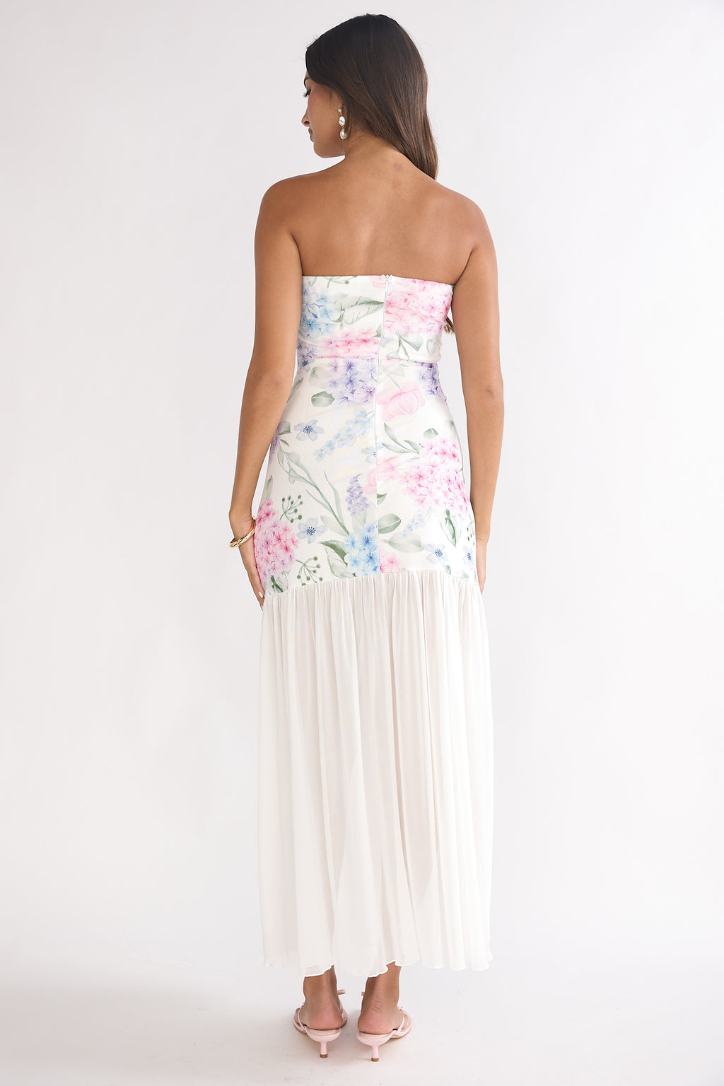 Wilma Sheer Hem Strapless Maxi Dress Flowers Blue by Selfie Leslie