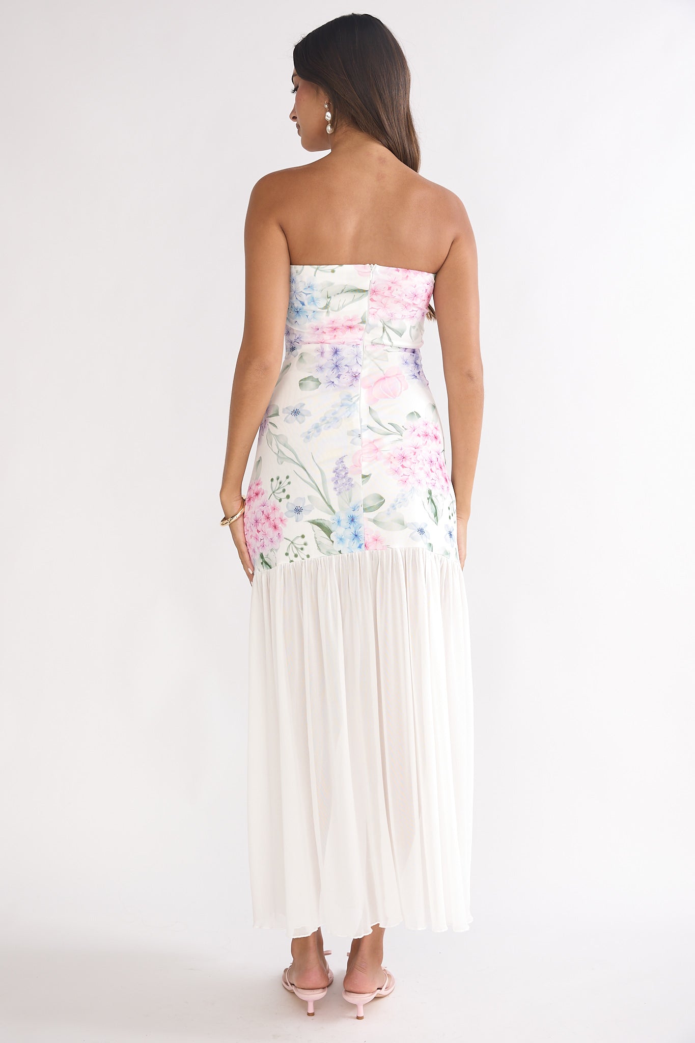 Wilma Sheer Hem Strapless Maxi Dress Flowers Blue by Selfie Leslie