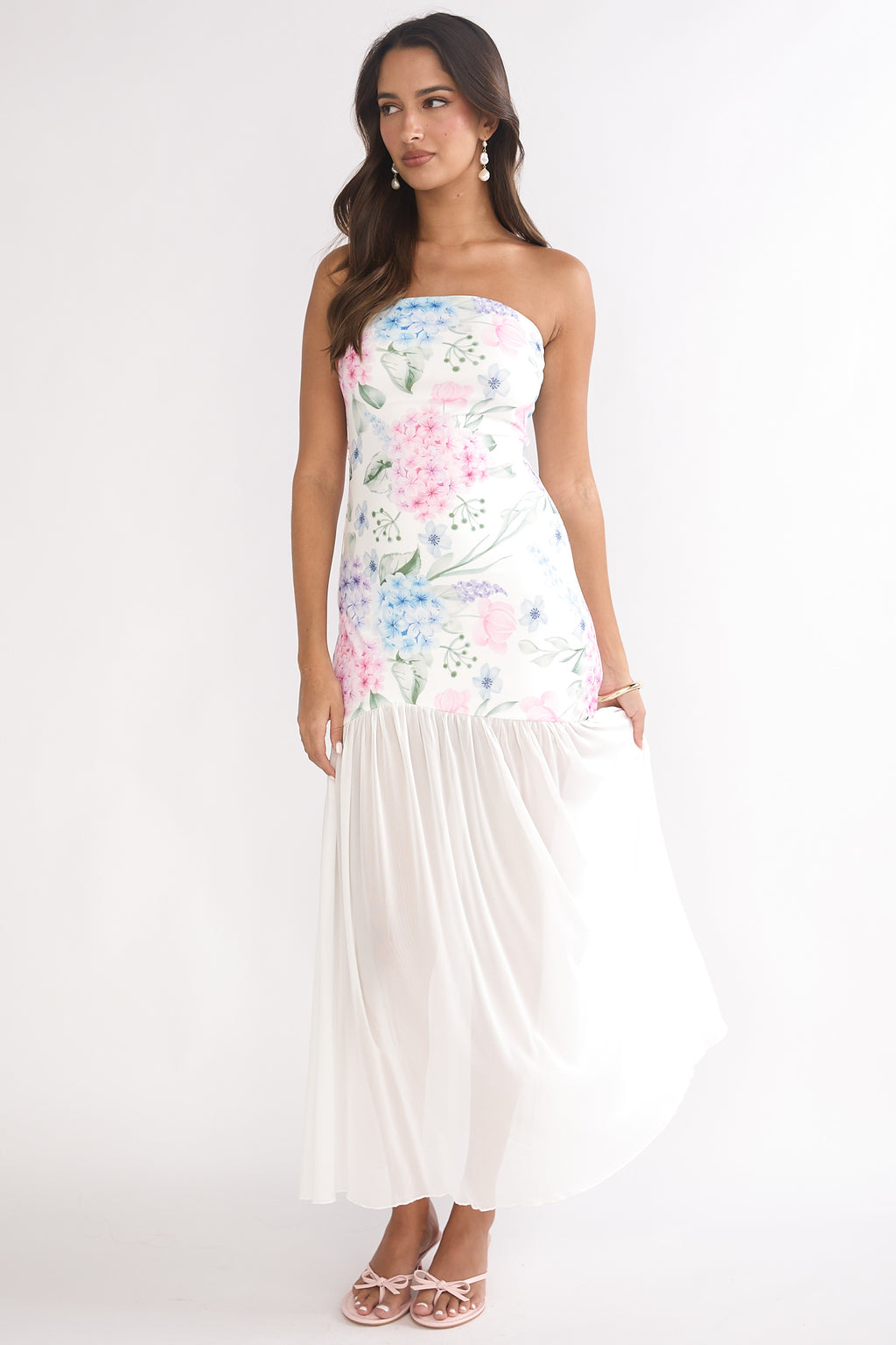 Wilma Sheer Hem Strapless Maxi Dress Flowers Blue by Selfie Leslie