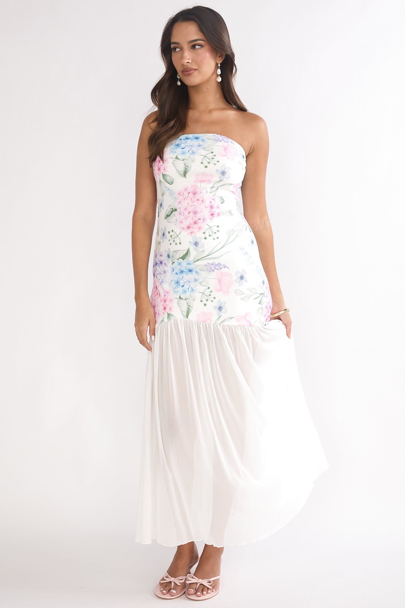 Wilma Sheer Hem Strapless Maxi Dress Flowers Blue by Selfie Leslie